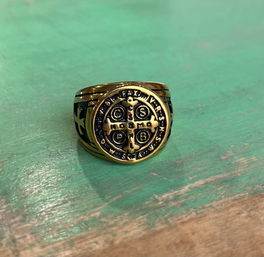 Gold Stainless Steel St Benedict Cross Ring