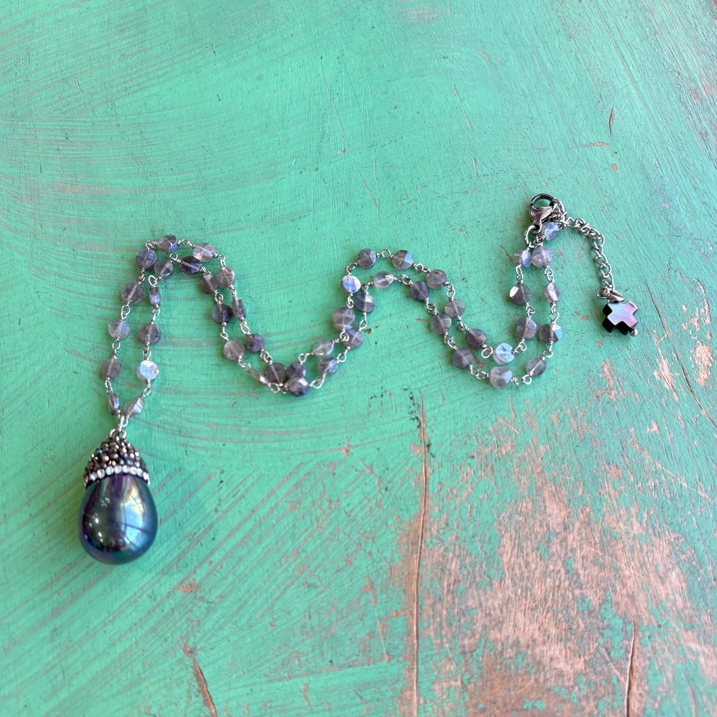 Radiant Grace Labradorite And Shell Pearl Teardrop Necklace
