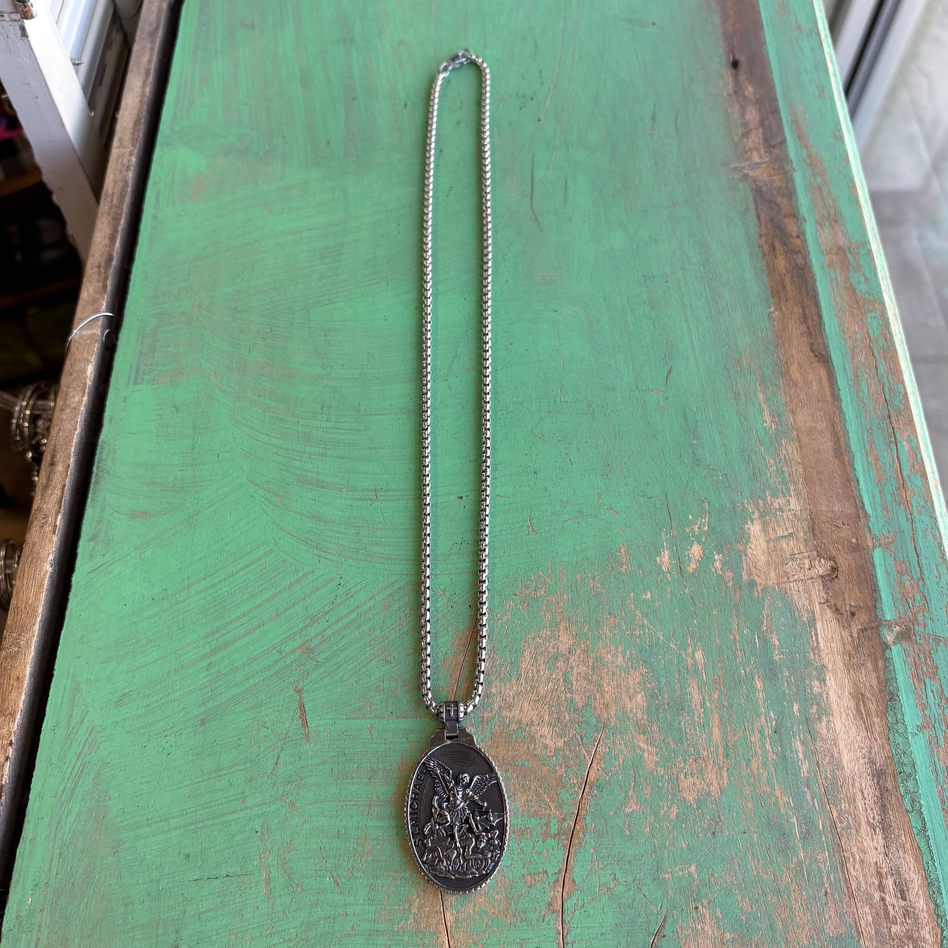 Stainless Steel Oval St Michael Pendant Necklace