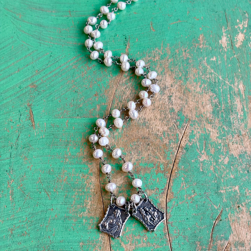 Freshwater Pearl Scapular Necklace – Sacred Heart & Our Lady of Mount Carmel