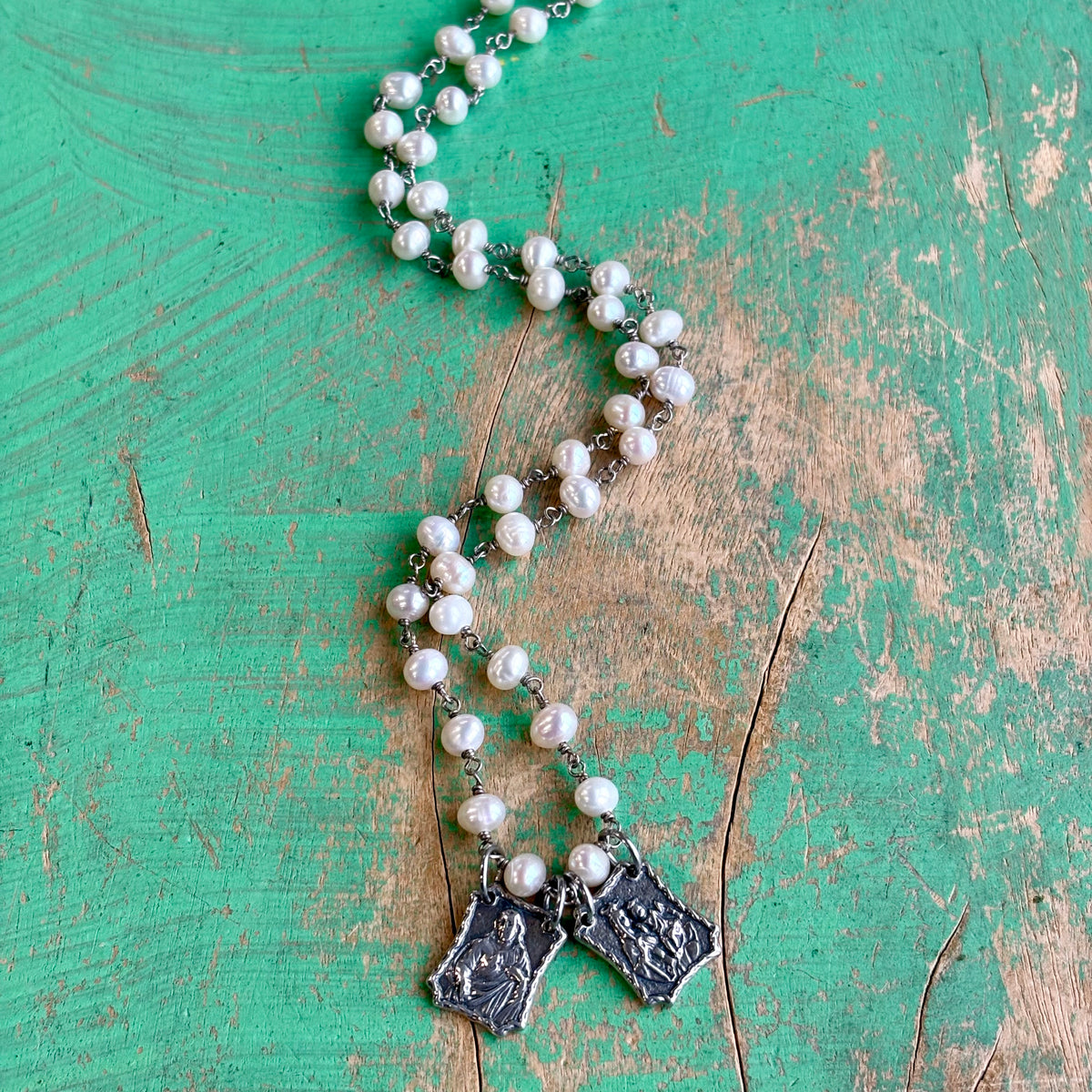 Freshwater Pearl Scapular Necklace – Sacred Heart & Our Lady of Mount Carmel