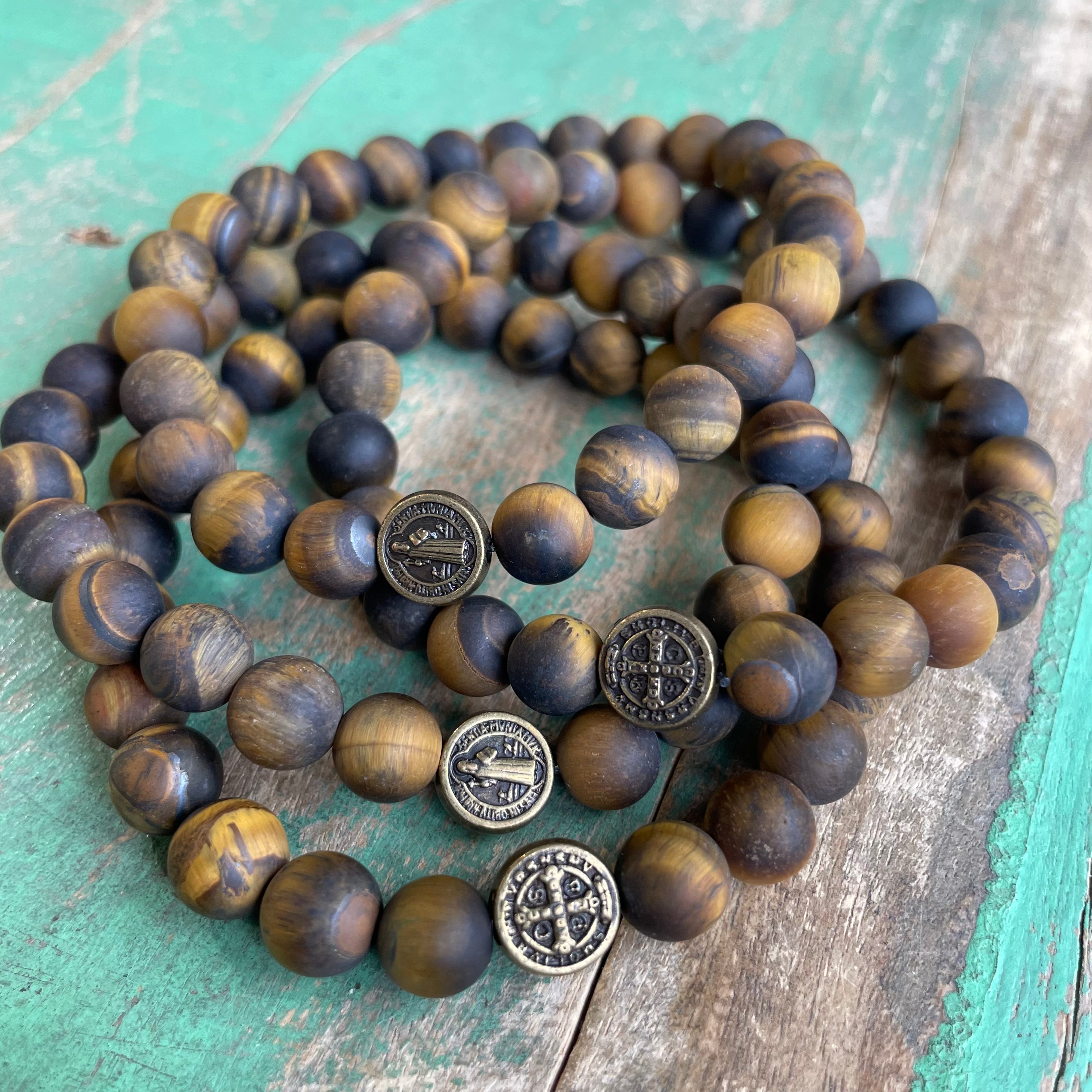 Brown Matte Tiger Eye Bronze St Benedict Bracelet