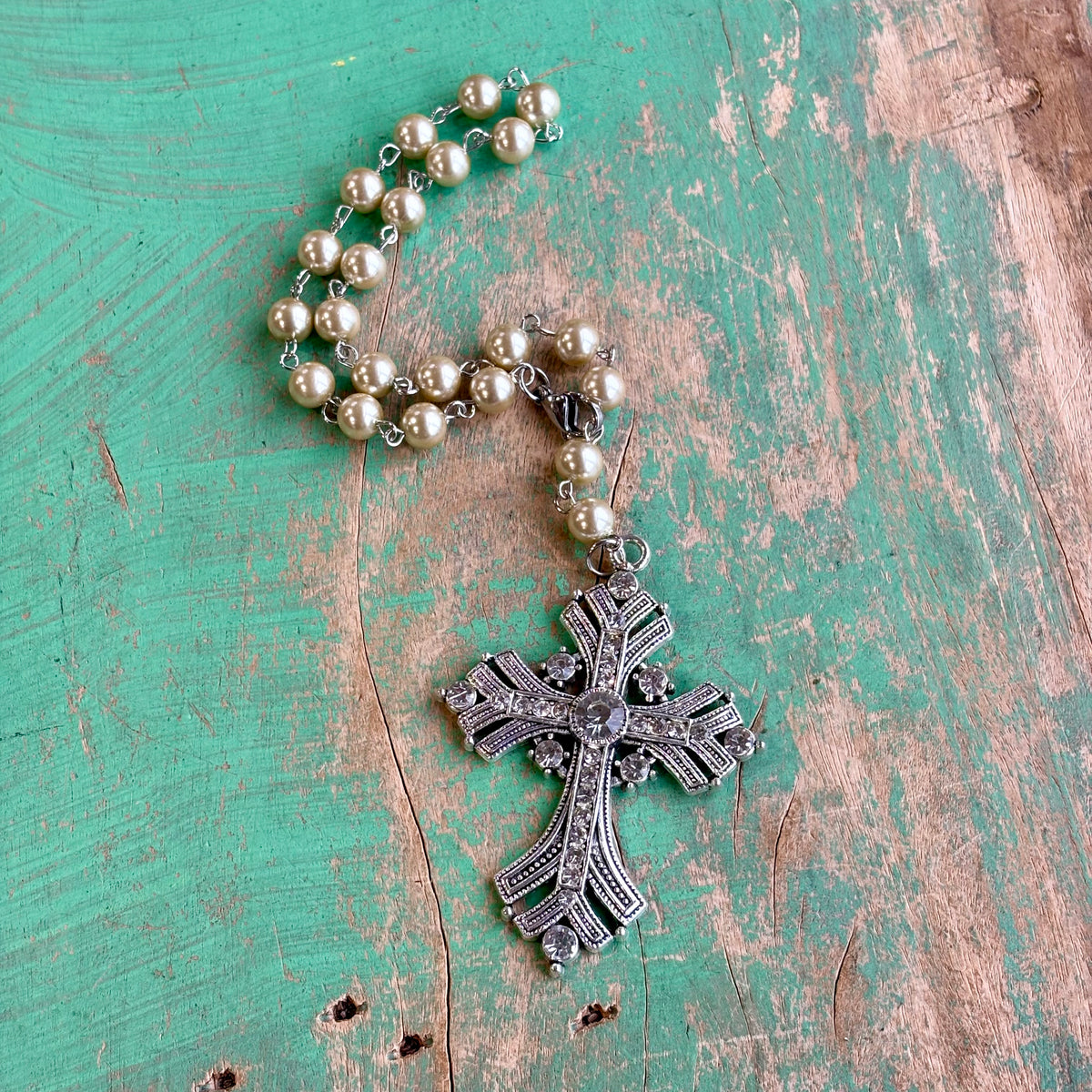 Victorian Inspired Jeweled Cross Glass Pearl Car Blessing