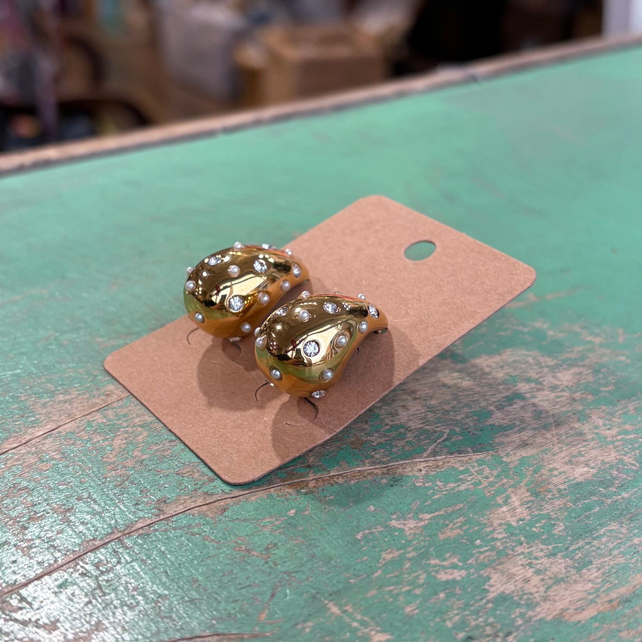 Gold Stainless Steel Pearl Crystal Teardrop Earrings