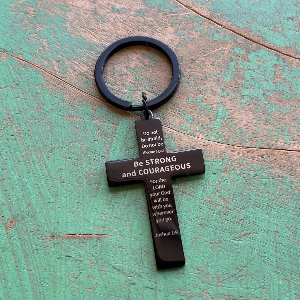 Black Stainless Steel Courageous Cross Keychain