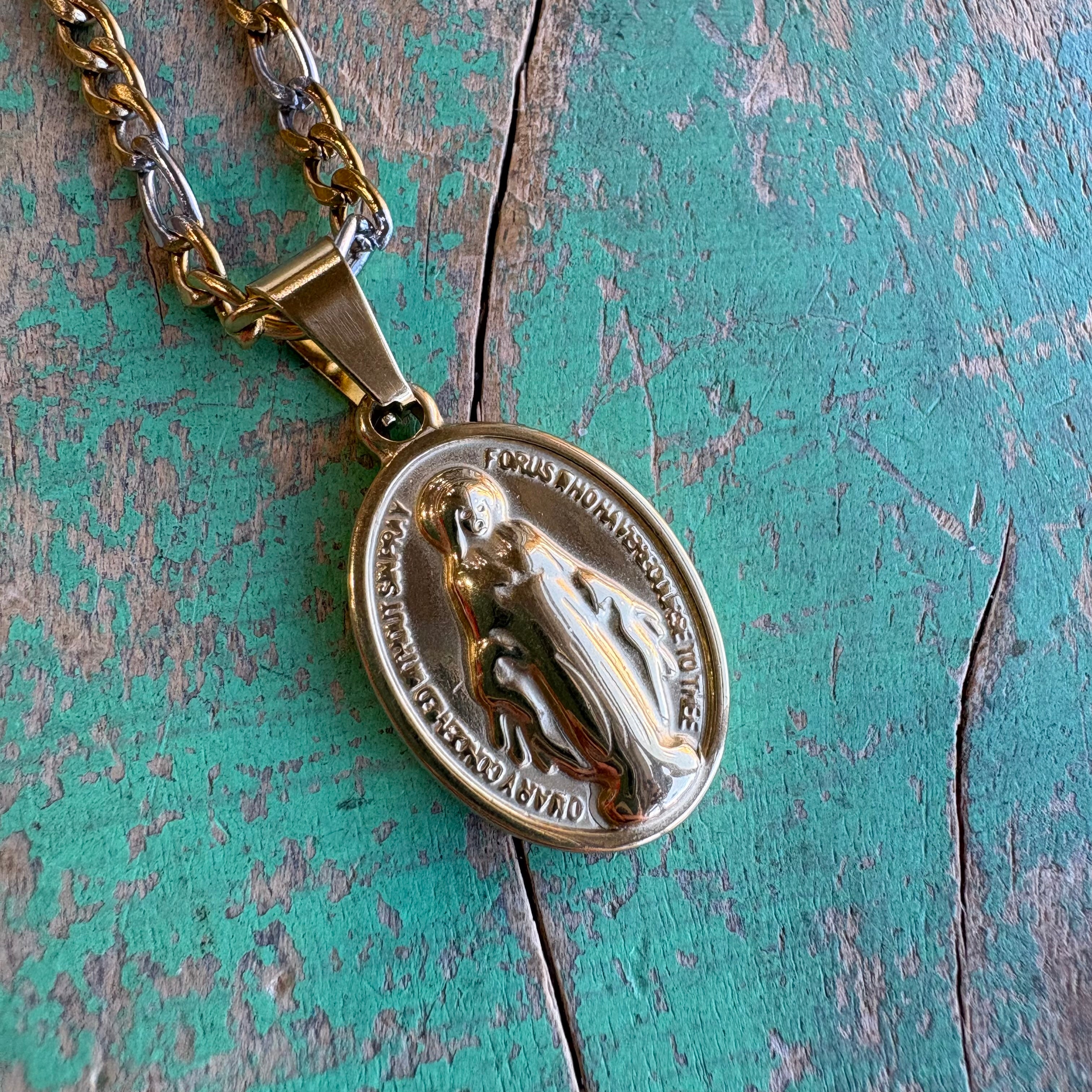 Two Tone Miraculous Medal Chain Necklace