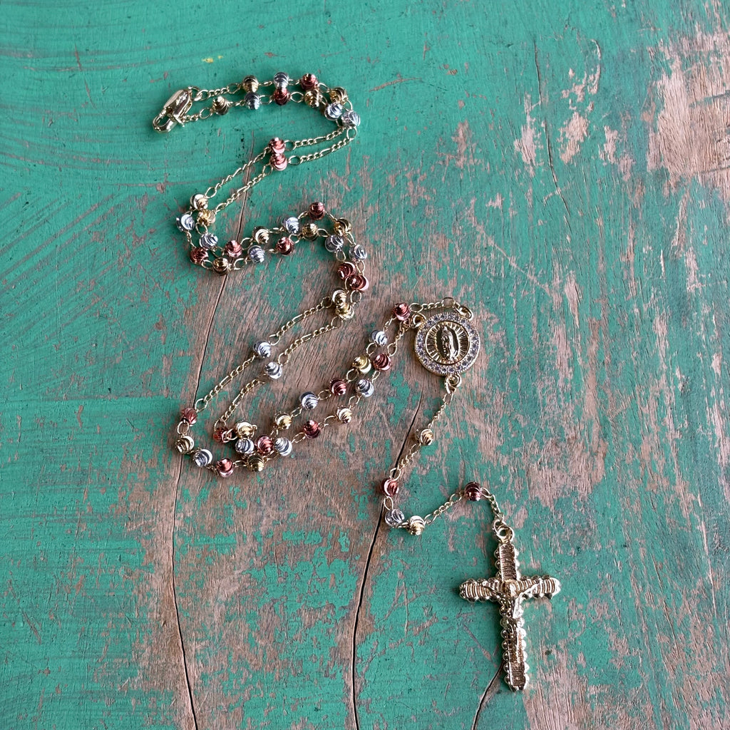 Tri-Color Our Lady of Guadalupe Rosary Necklace – 18K Gold Plated