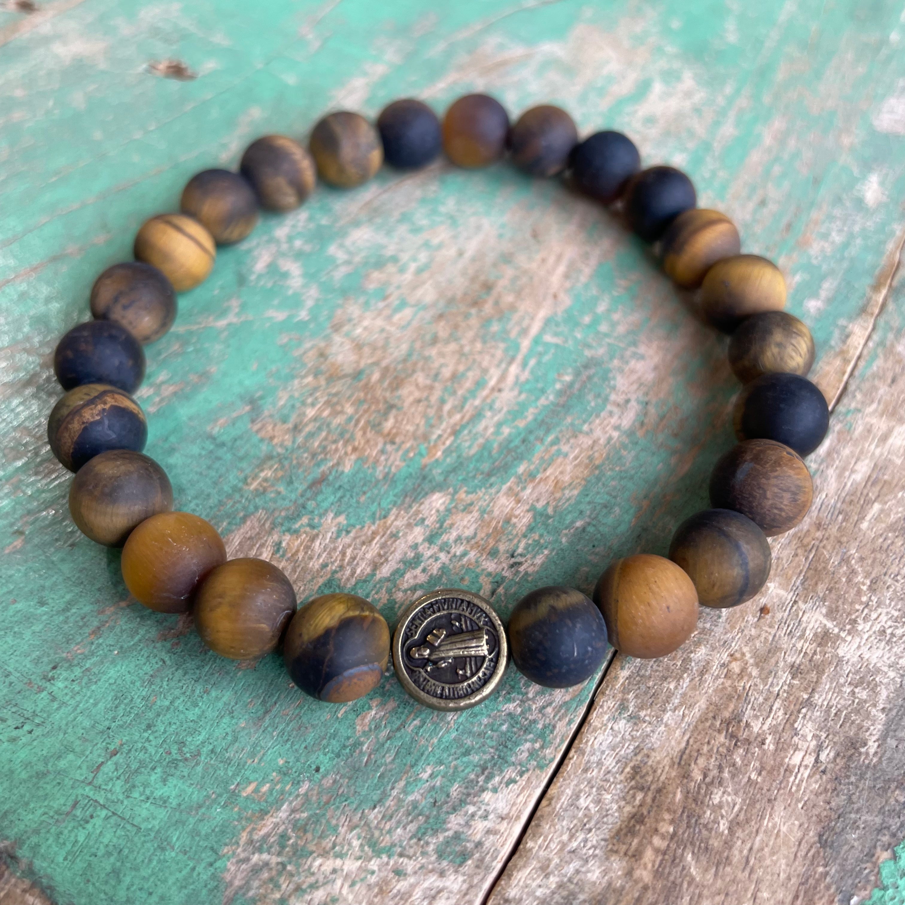 Brown Matte Tiger Eye Bronze St Benedict Bracelet