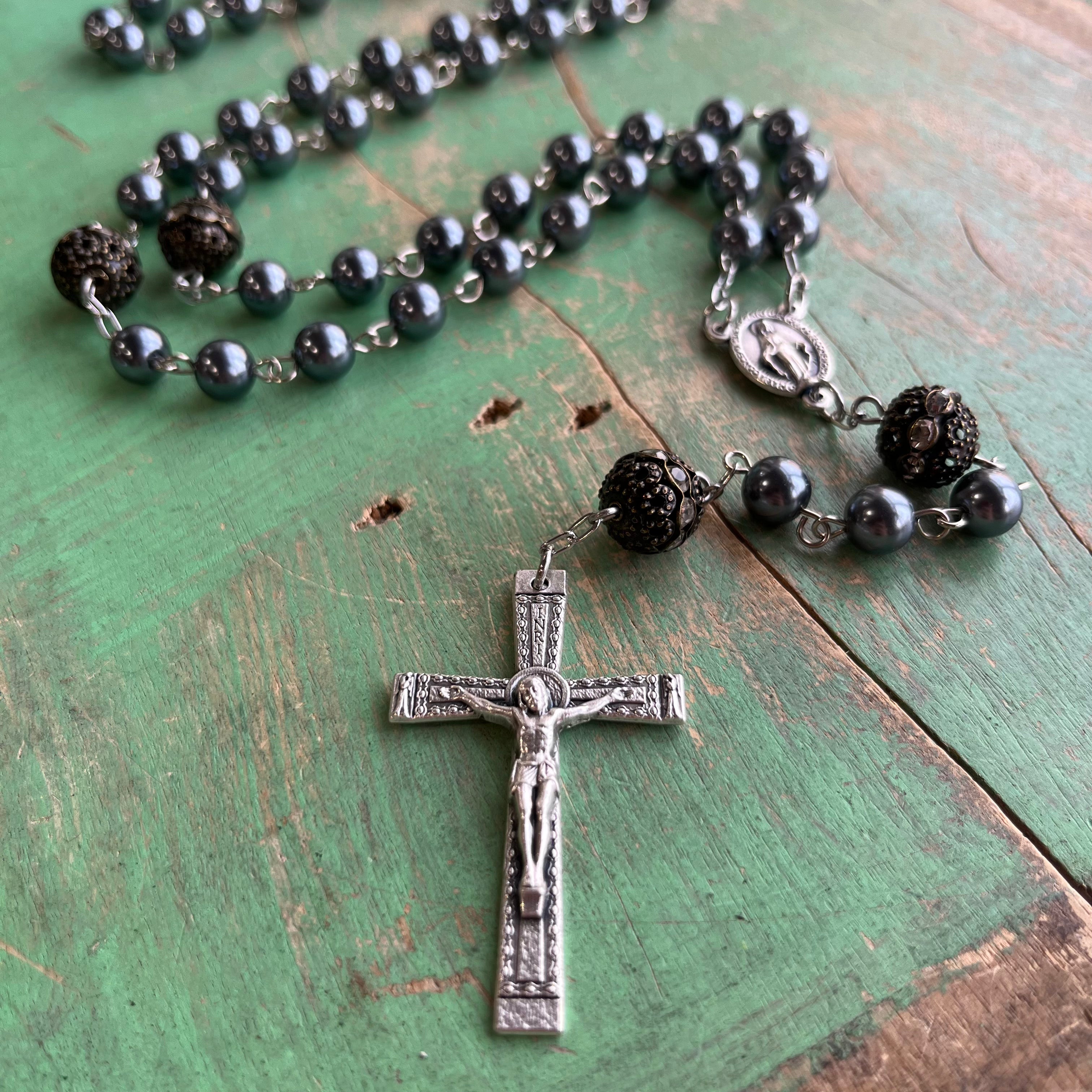 Grey Pearl Miraculous Medal Rosary