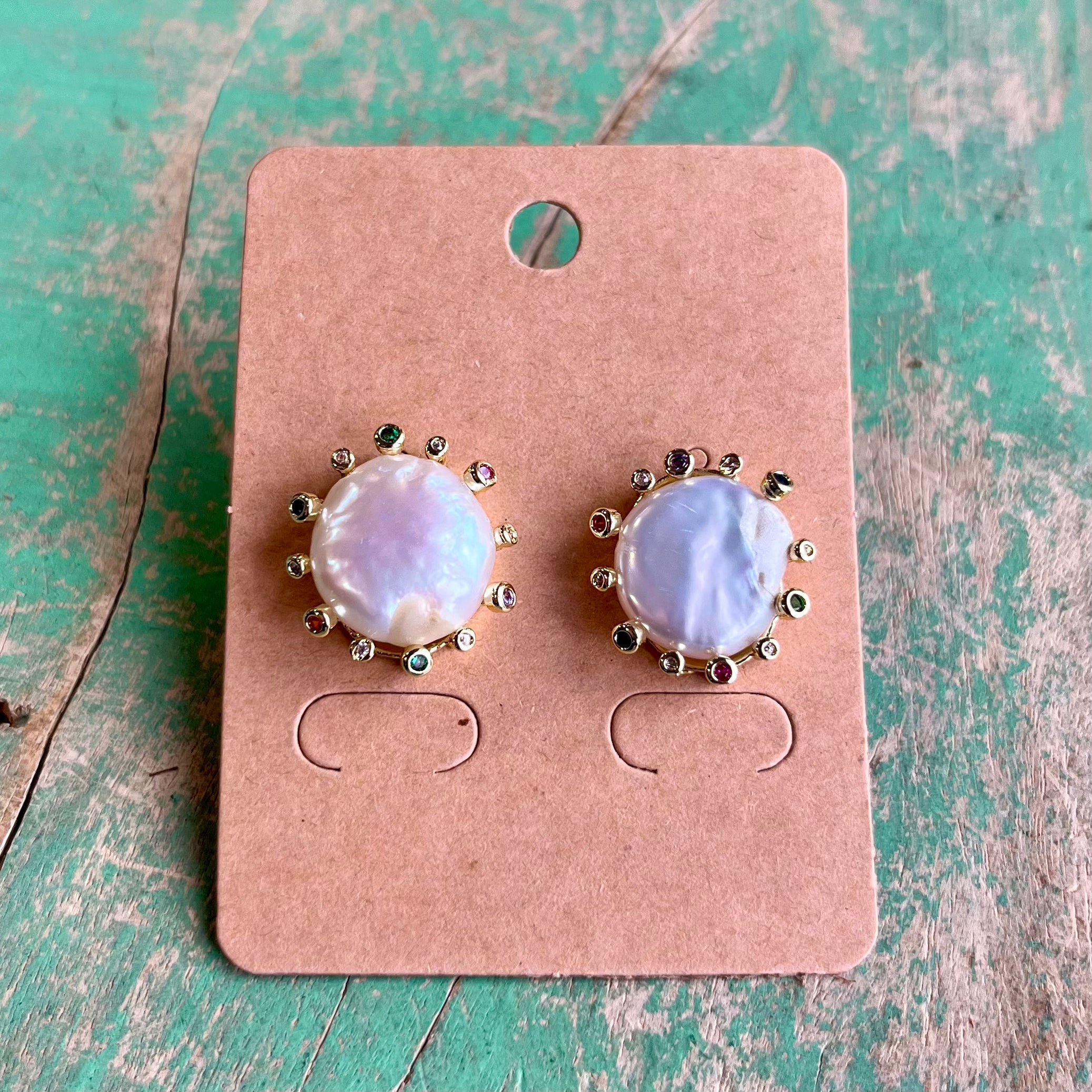 Multicolor CZ Freshwater Pearl Sun Stud Earrings