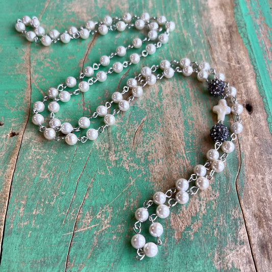 Pave Cross Long Freshwater Pearl Necklace and Earrings