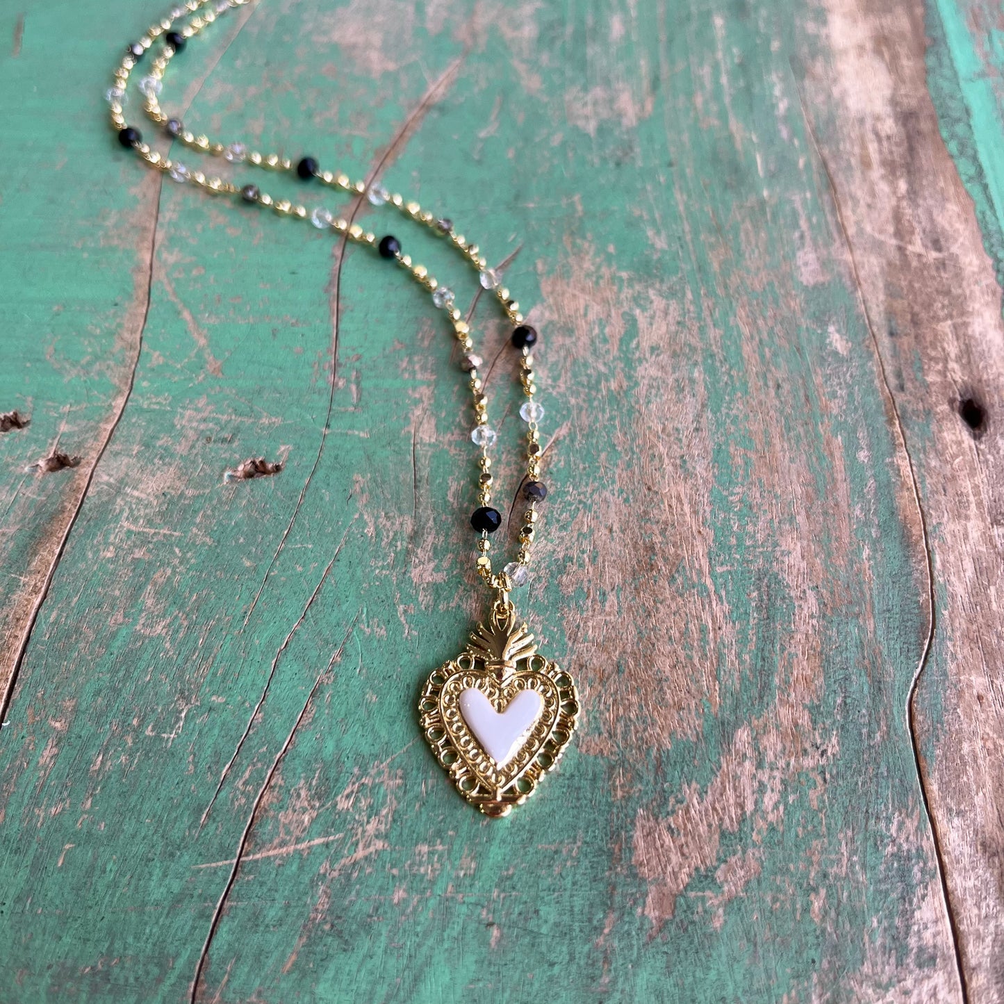 Enamel Sacred Heart on Crystal Necklace