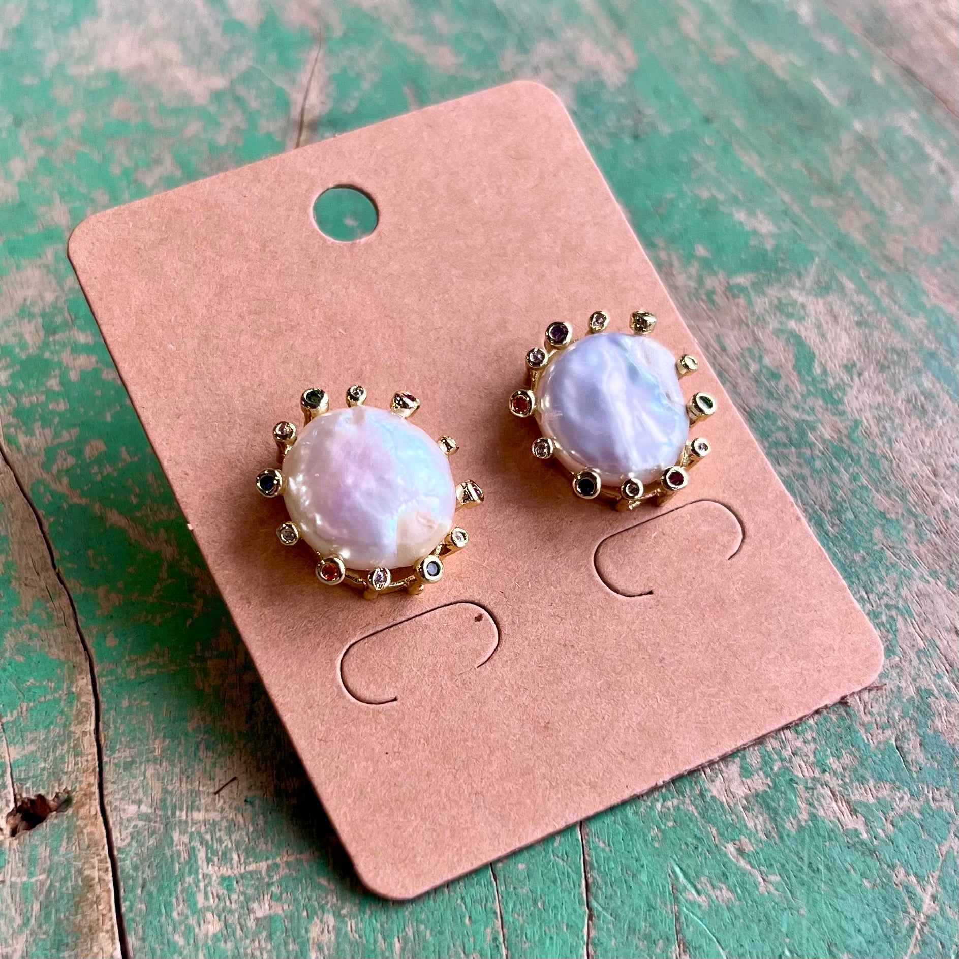 Multicolor CZ Freshwater Pearl Sun Stud Earrings