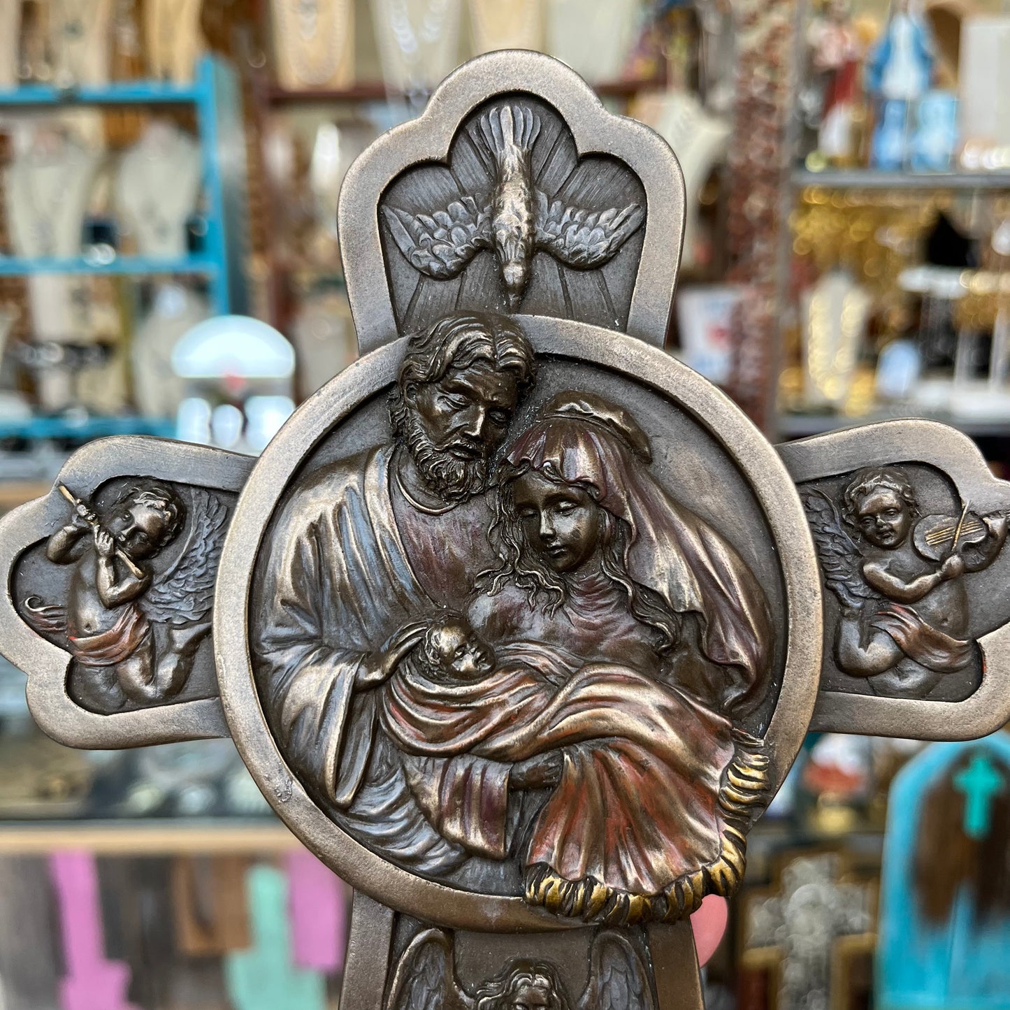 Holy Family Bronze Polyresin Cross