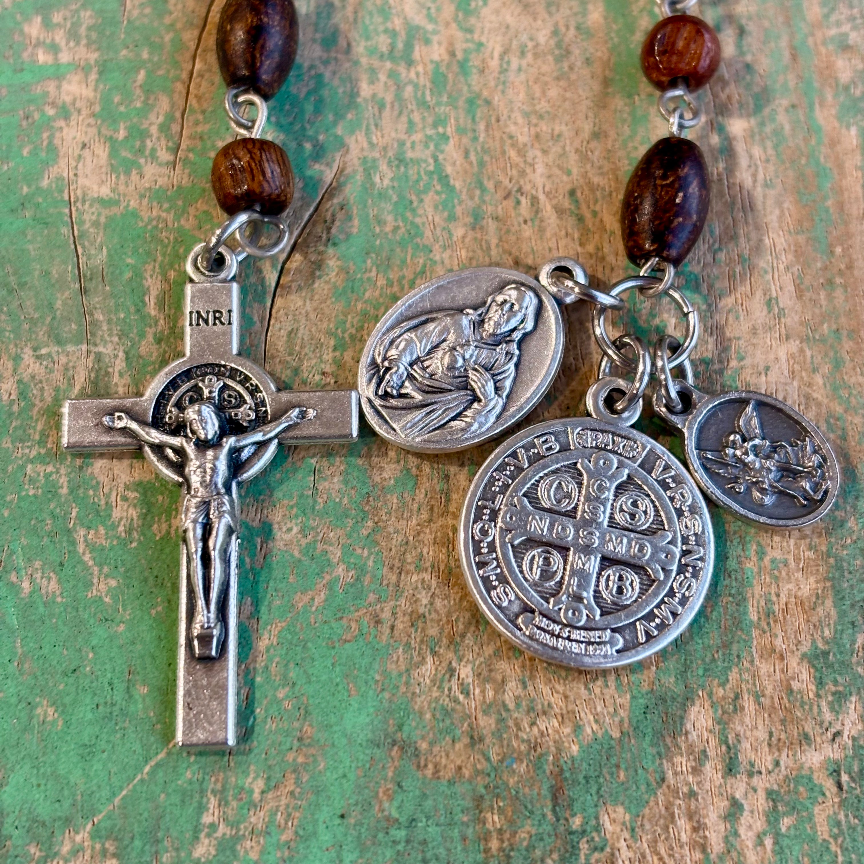 Wood Linked Decade Rosary with 3 Medals