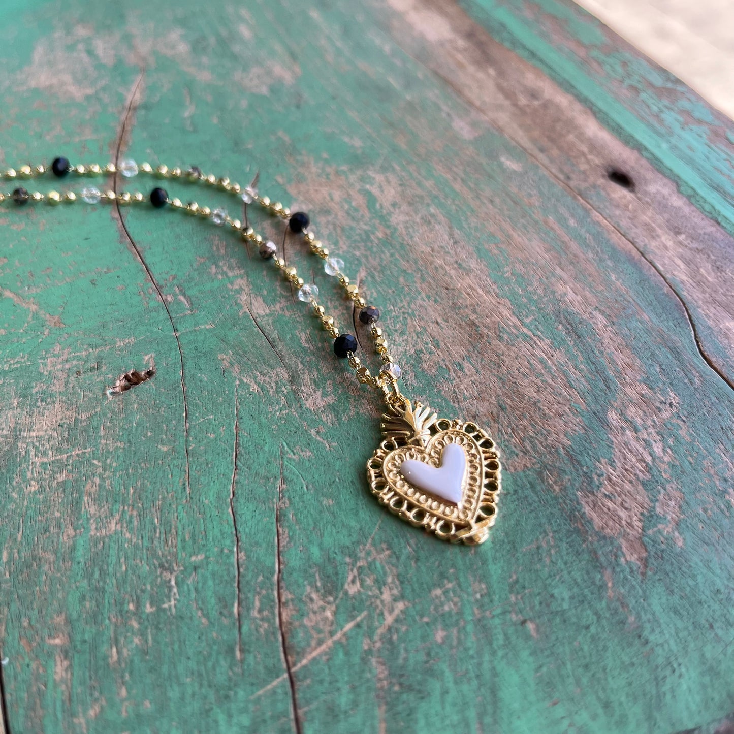 Enamel Sacred Heart on Crystal Necklace