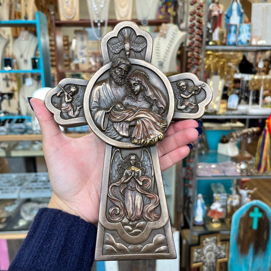 Holy Family Bronze Polyresin Cross
