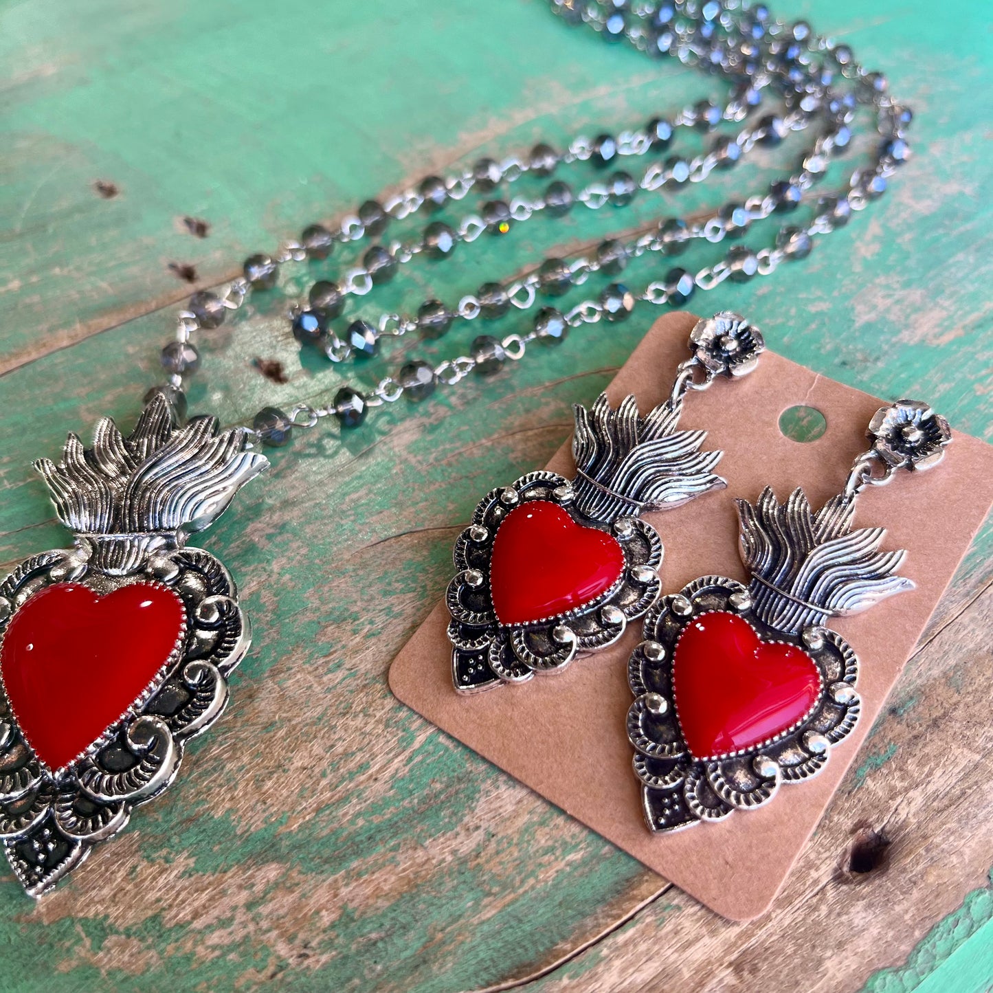Red Flaming Sacred Heart Necklace or Earrings