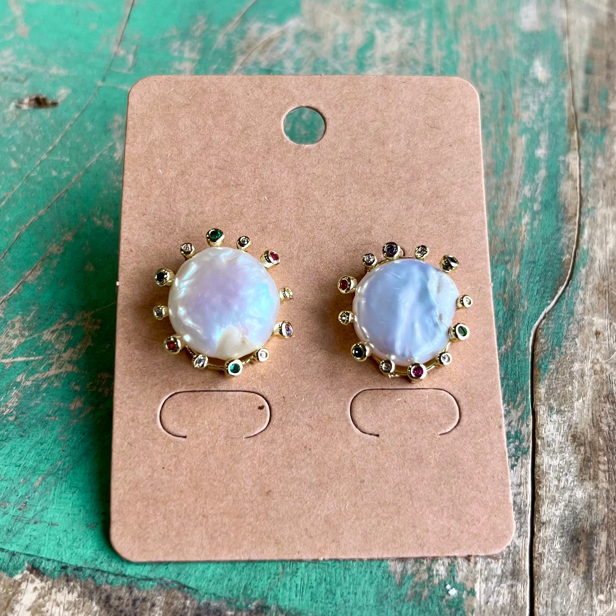 Multicolor CZ Freshwater Pearl Sun Stud Earrings