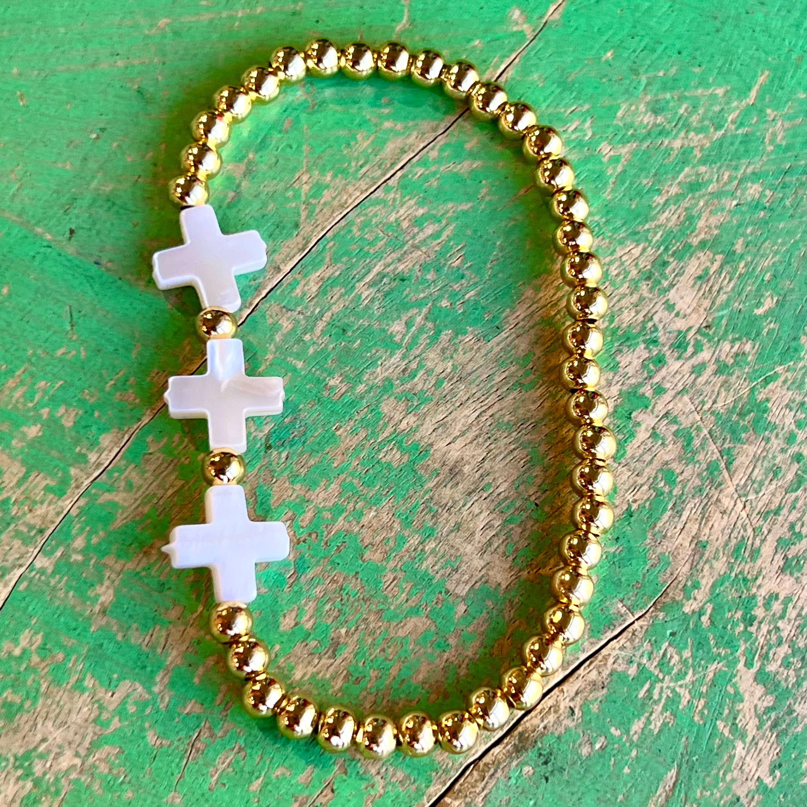 Trinity Shell Crosses or Hearts Gold Beaded Bracelet
