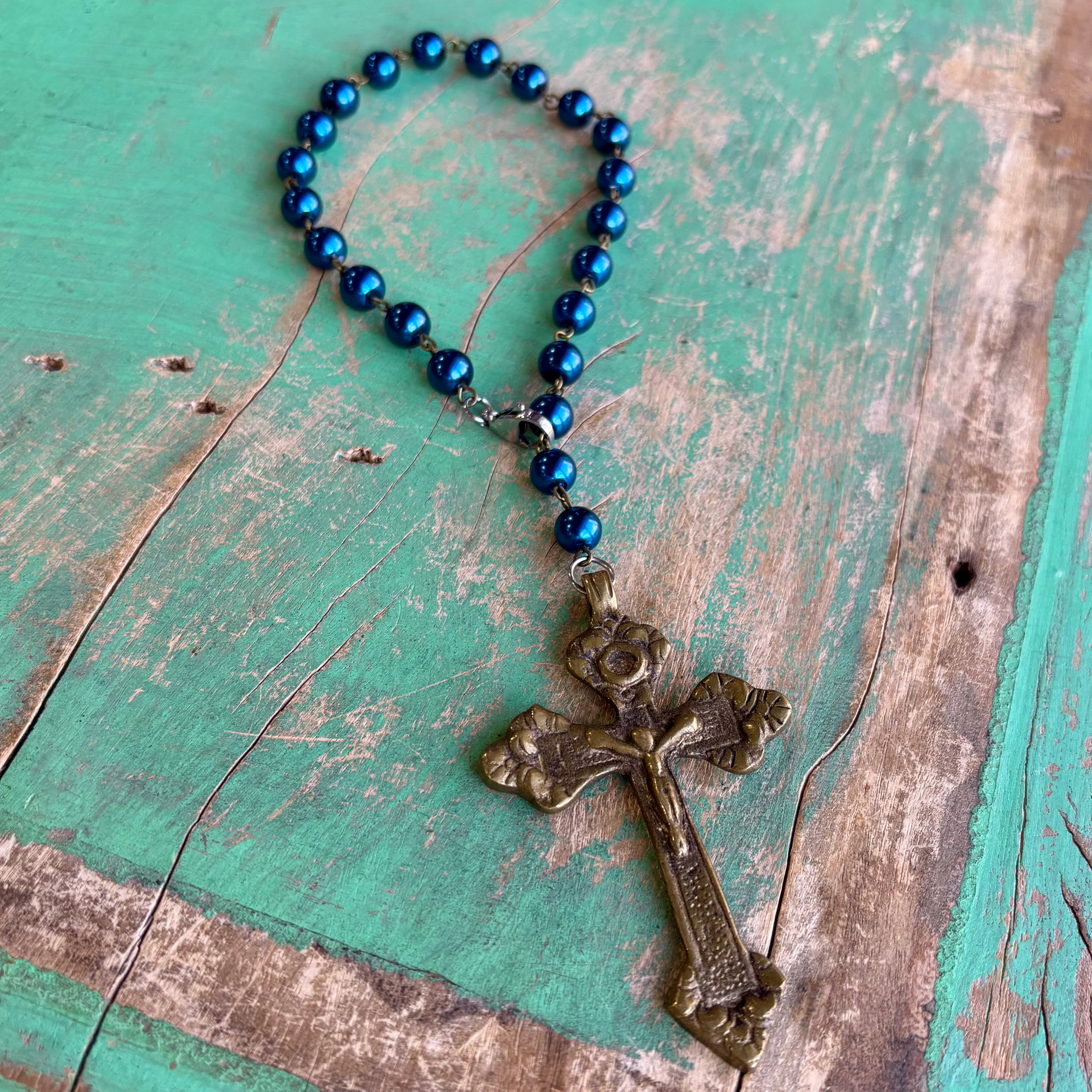 Bronze Crucifix Blue Pearl Car Blessings