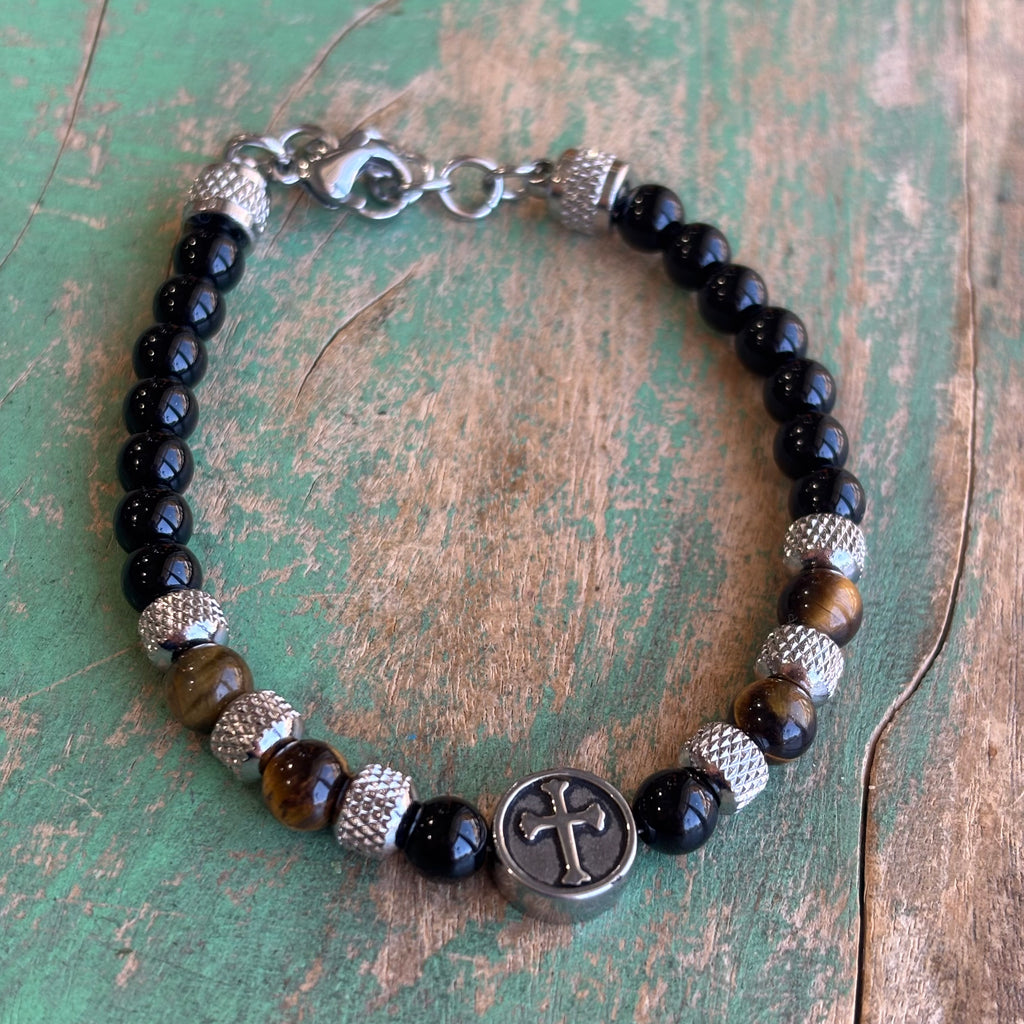Tiger Eye and Stainless Steel Cross Beaded Bracelet