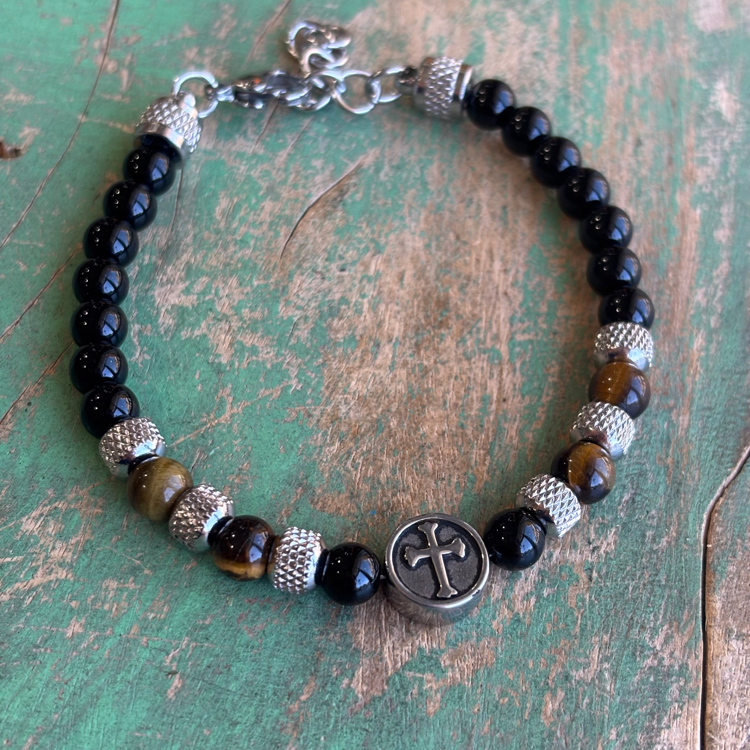 Tiger Eye and Stainless Steel Cross Beaded Bracelet