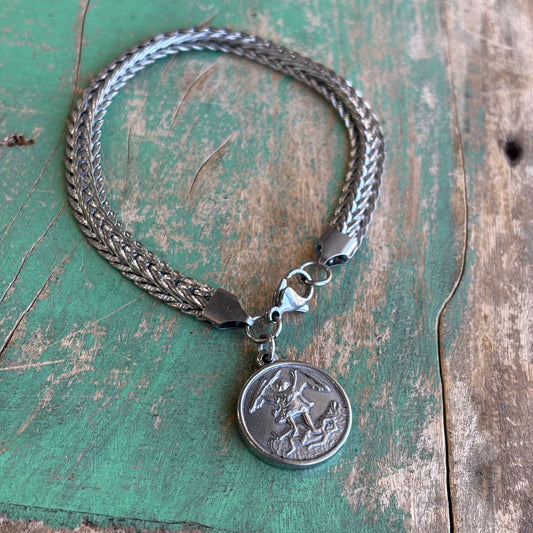 Stainless Steel St Michael Wheat Chain Bracelet