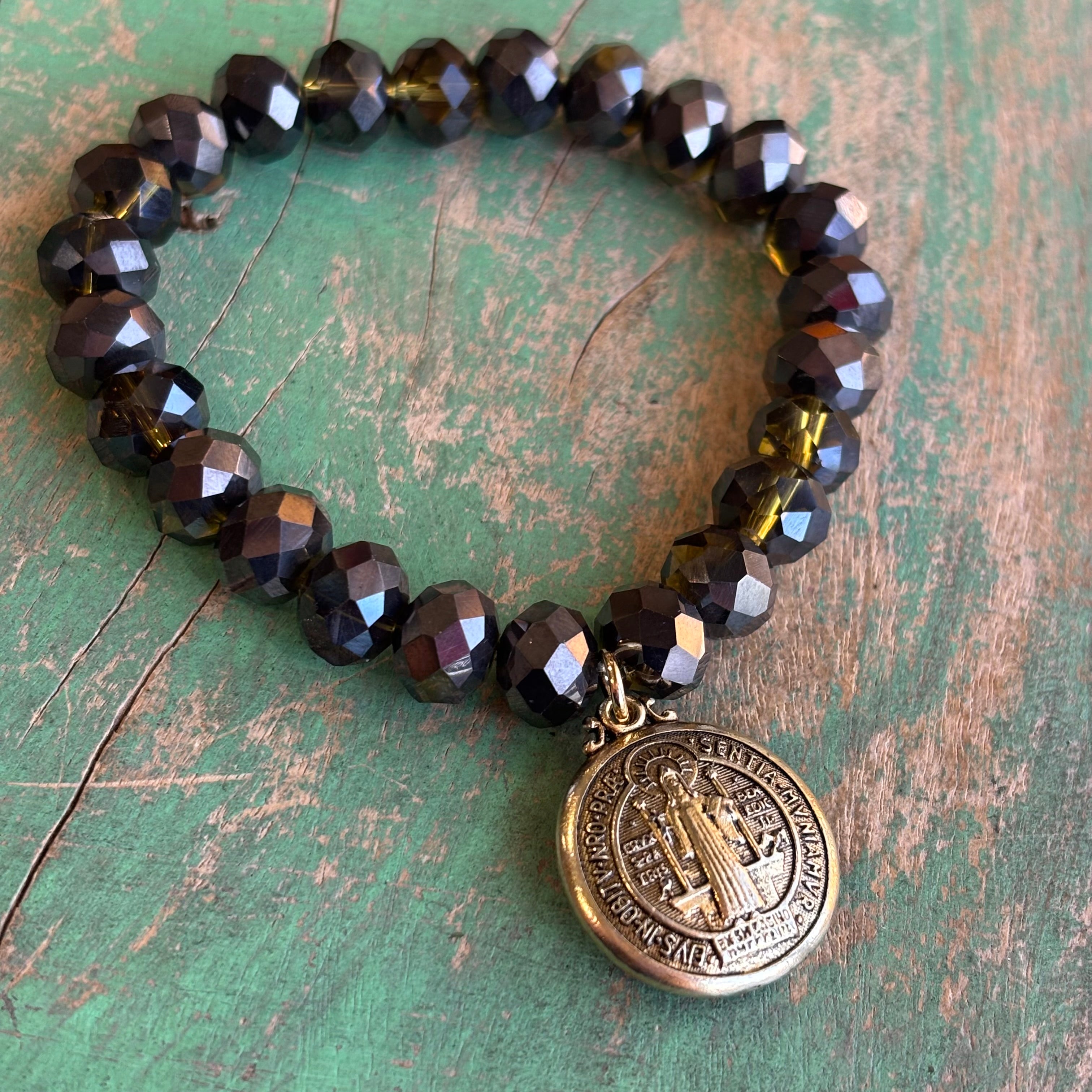 Olive Green Crystal Dangle St Benedict Bracelet