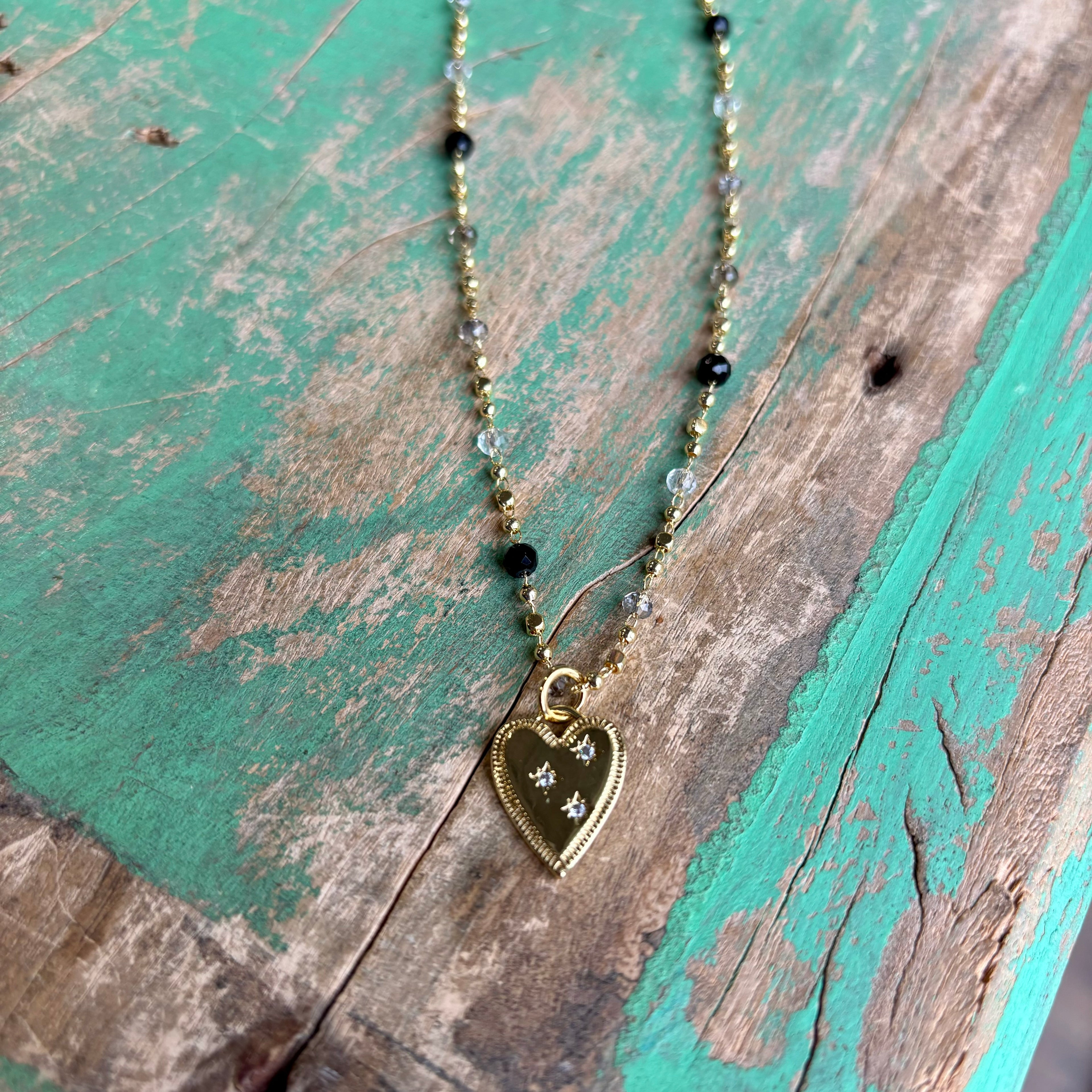 Black, Gold and Crystal Heart Necklace