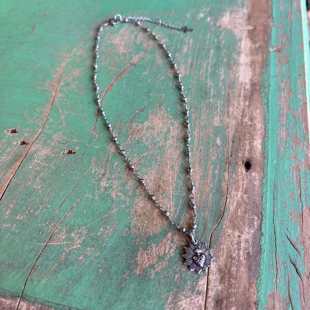 Sacred Heart Burst Hematite Necklace