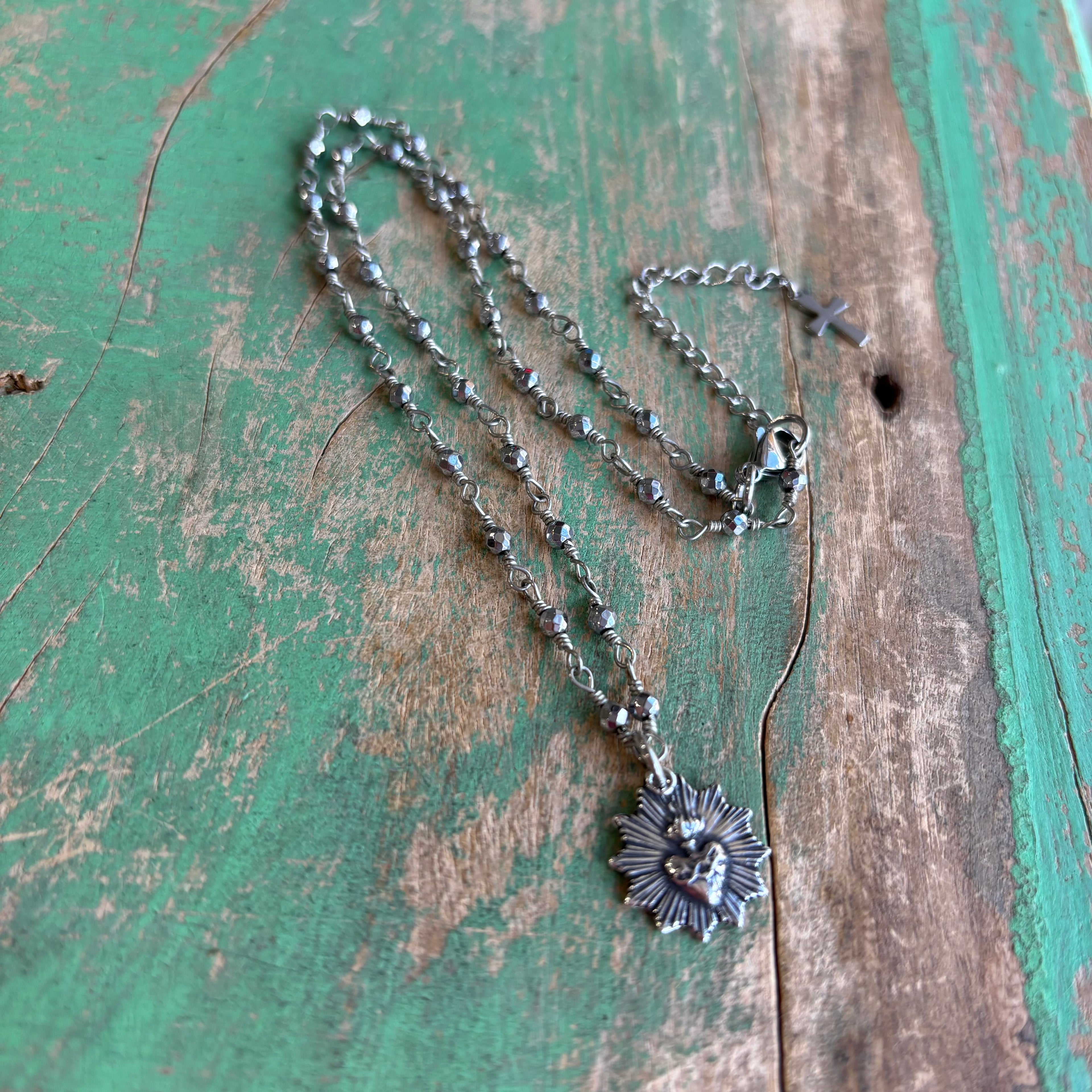 Sacred Heart Burst Hematite Necklace