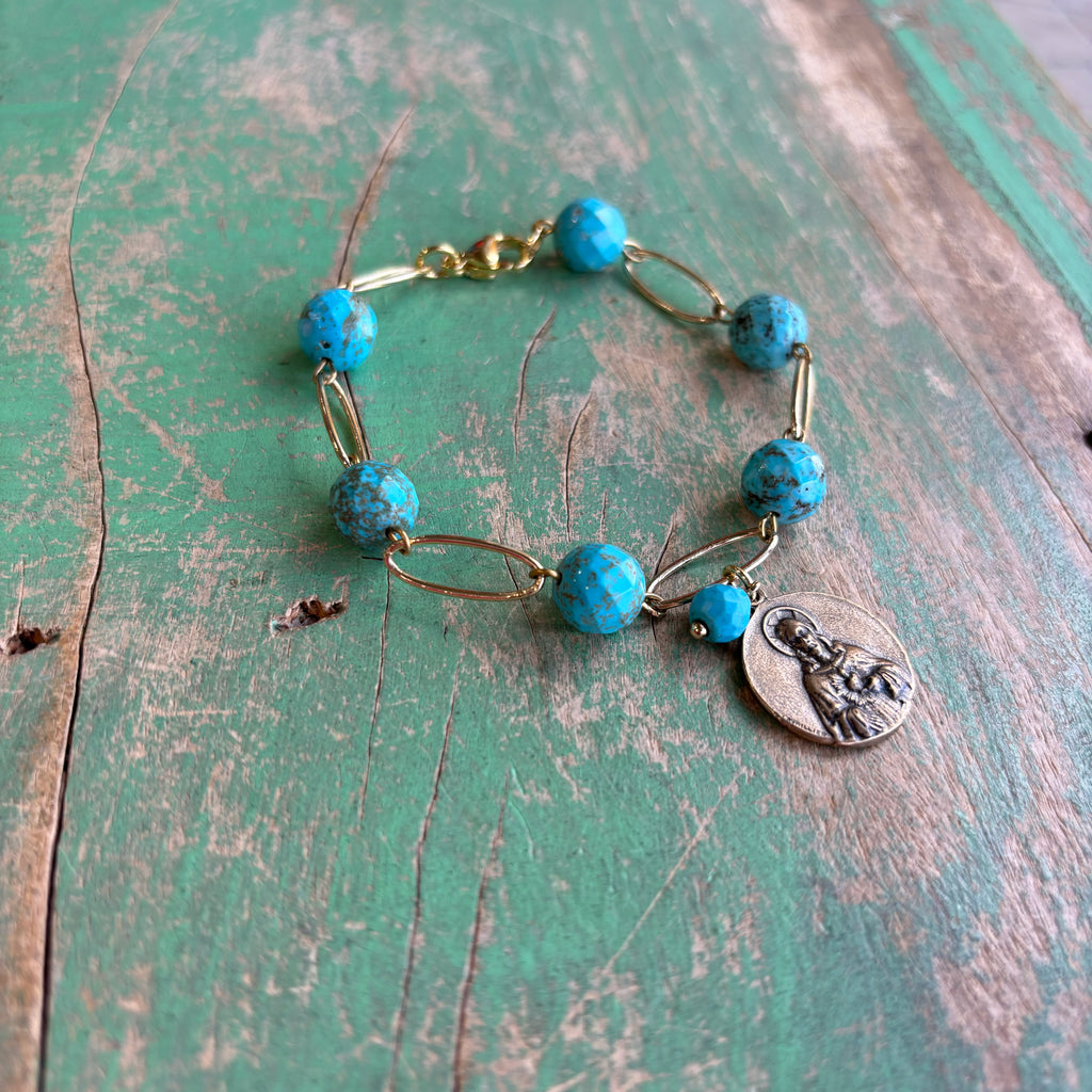 Turquoise Gold Bronze Scapular Bracelet