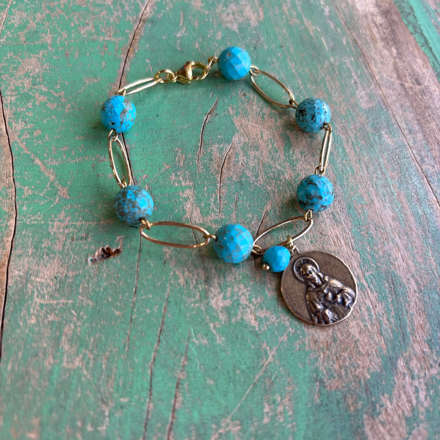 Turquoise Gold Bronze Scapular Bracelet