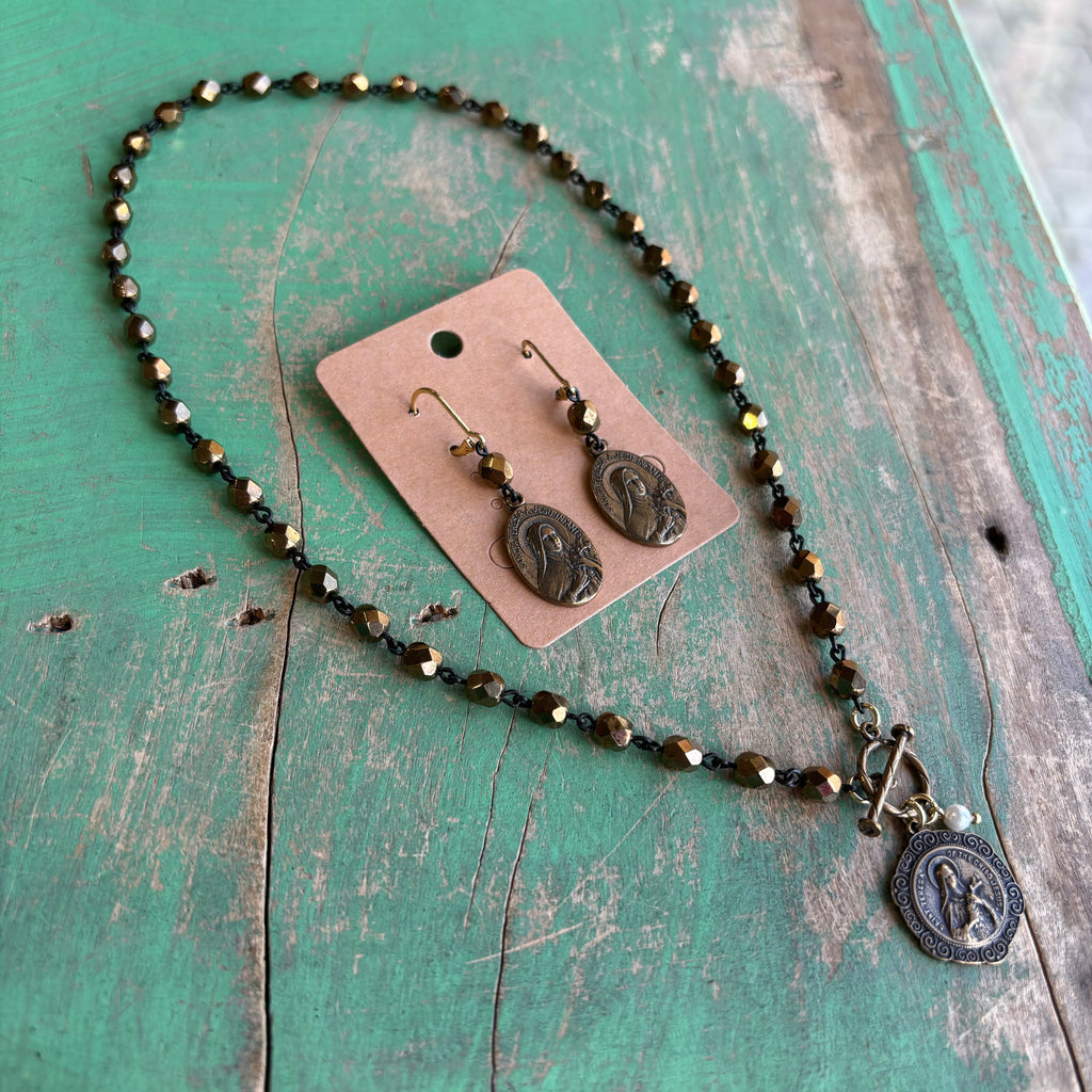 St Therese Bronze Czech Glass Necklace or Earrings