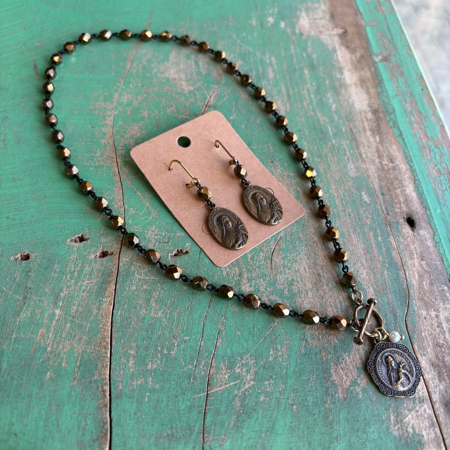St Therese Bronze Czech Glass Necklace or Earrings