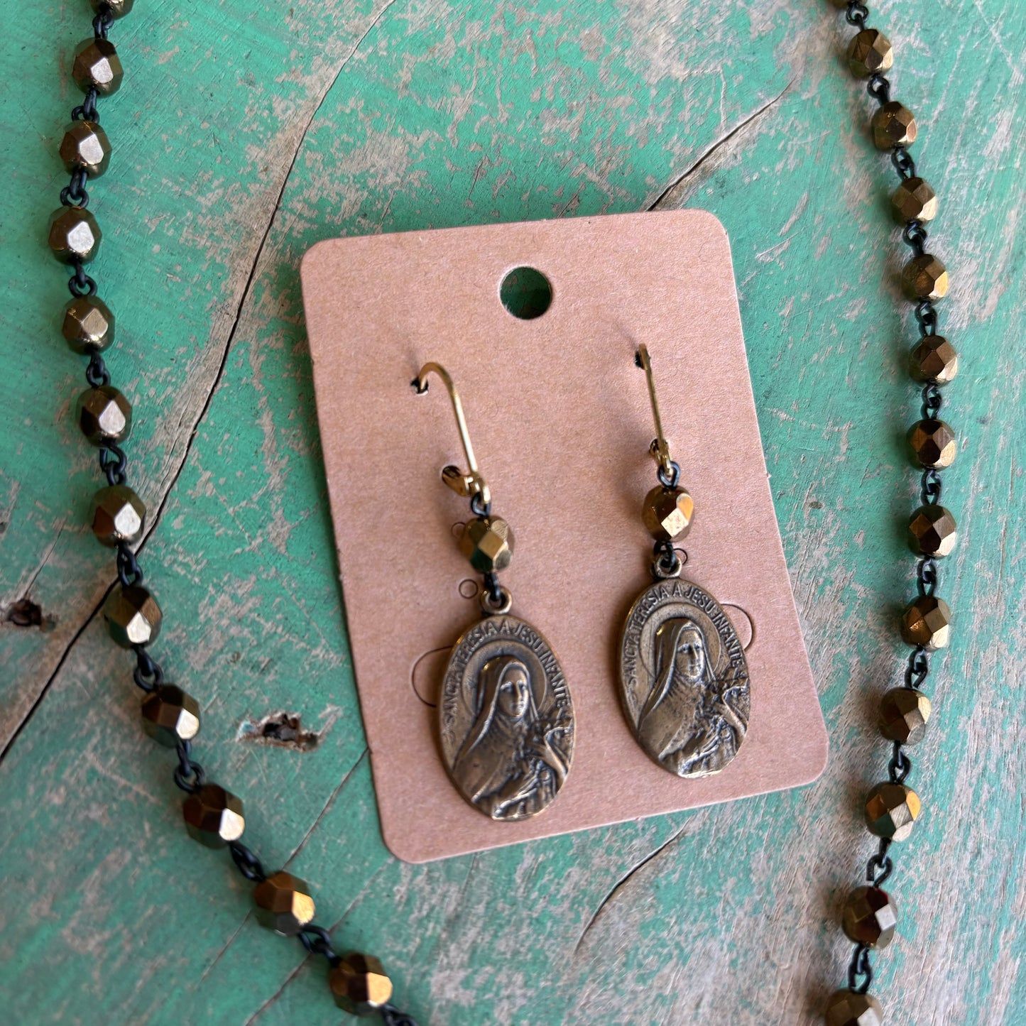 St Therese Bronze Czech Glass Necklace or Earrings