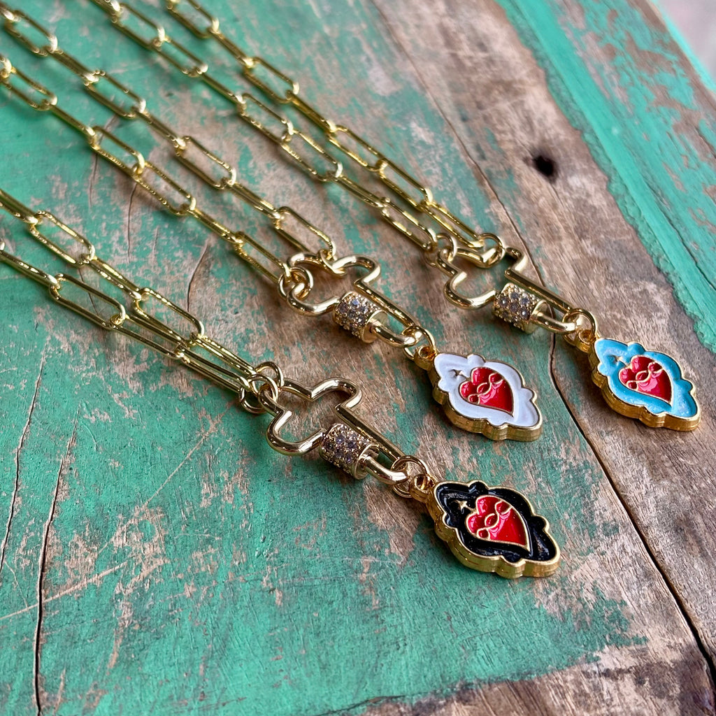 Sacred Heart Cross Locket Paperclip Necklace