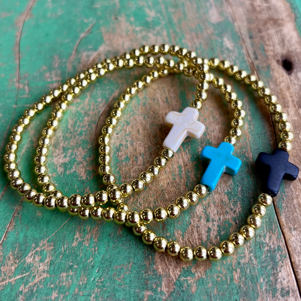 Howlite Cross with Gold Beaded Bracelet