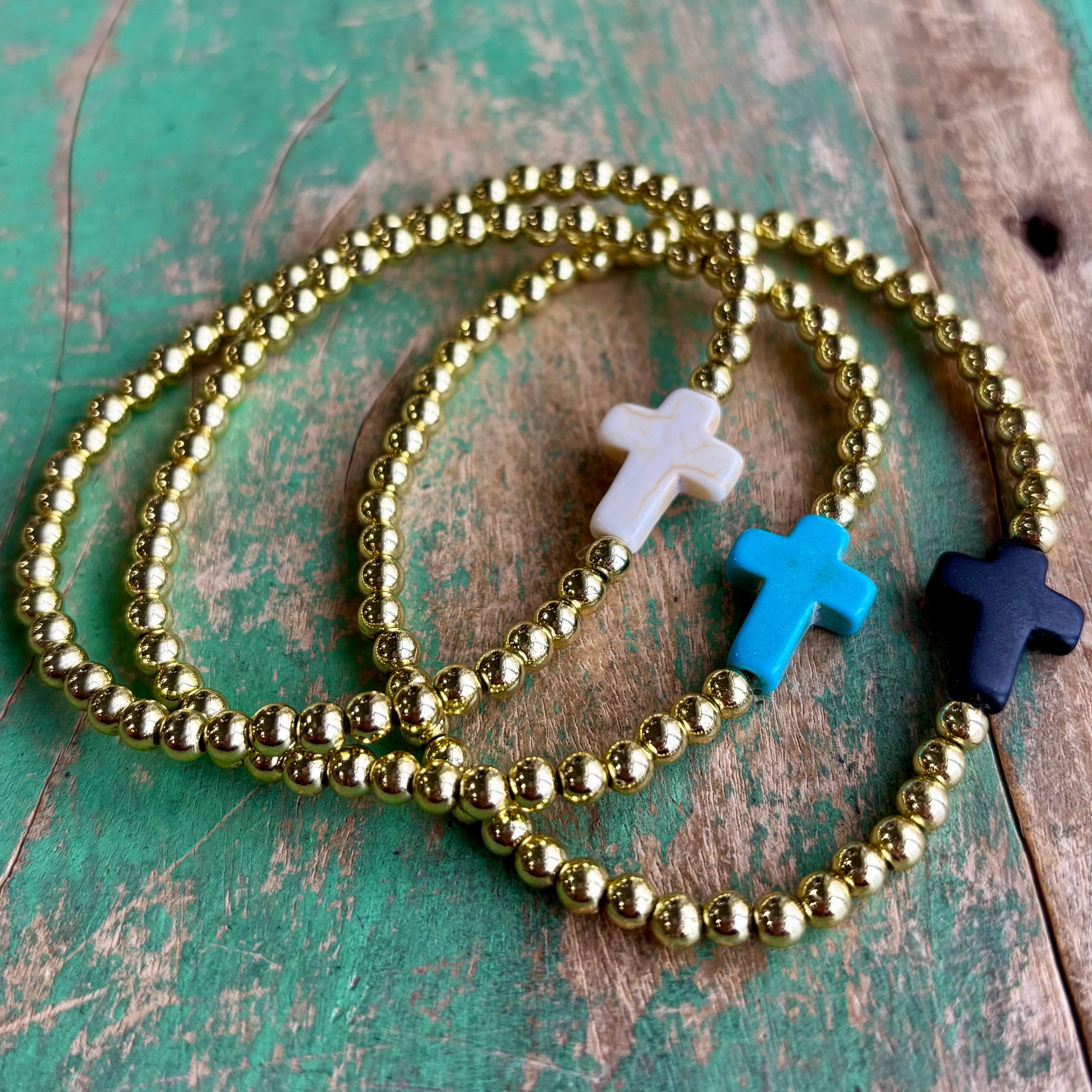 Howlite Cross with Gold Beaded Bracelet