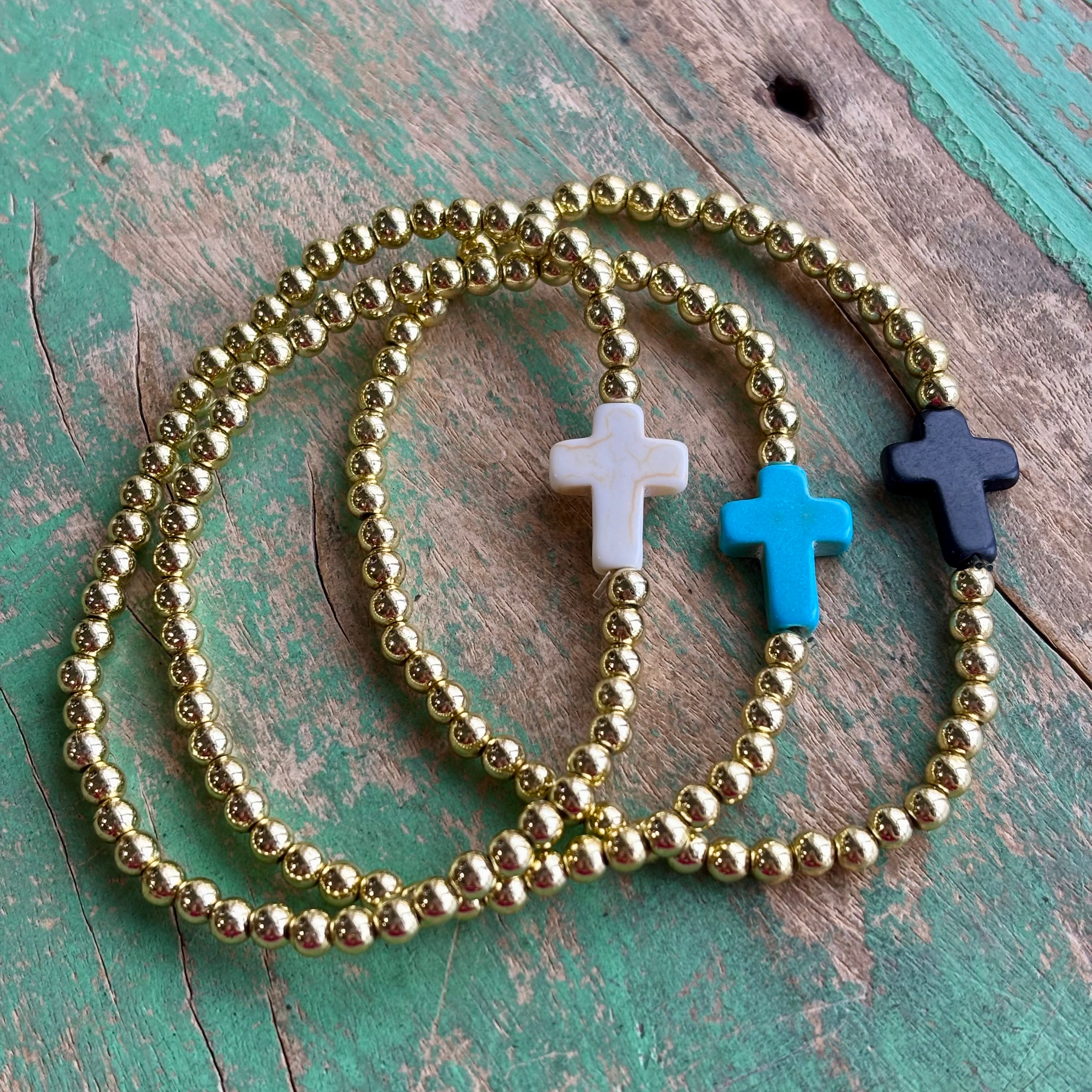 Howlite Cross with Gold Beaded Bracelet