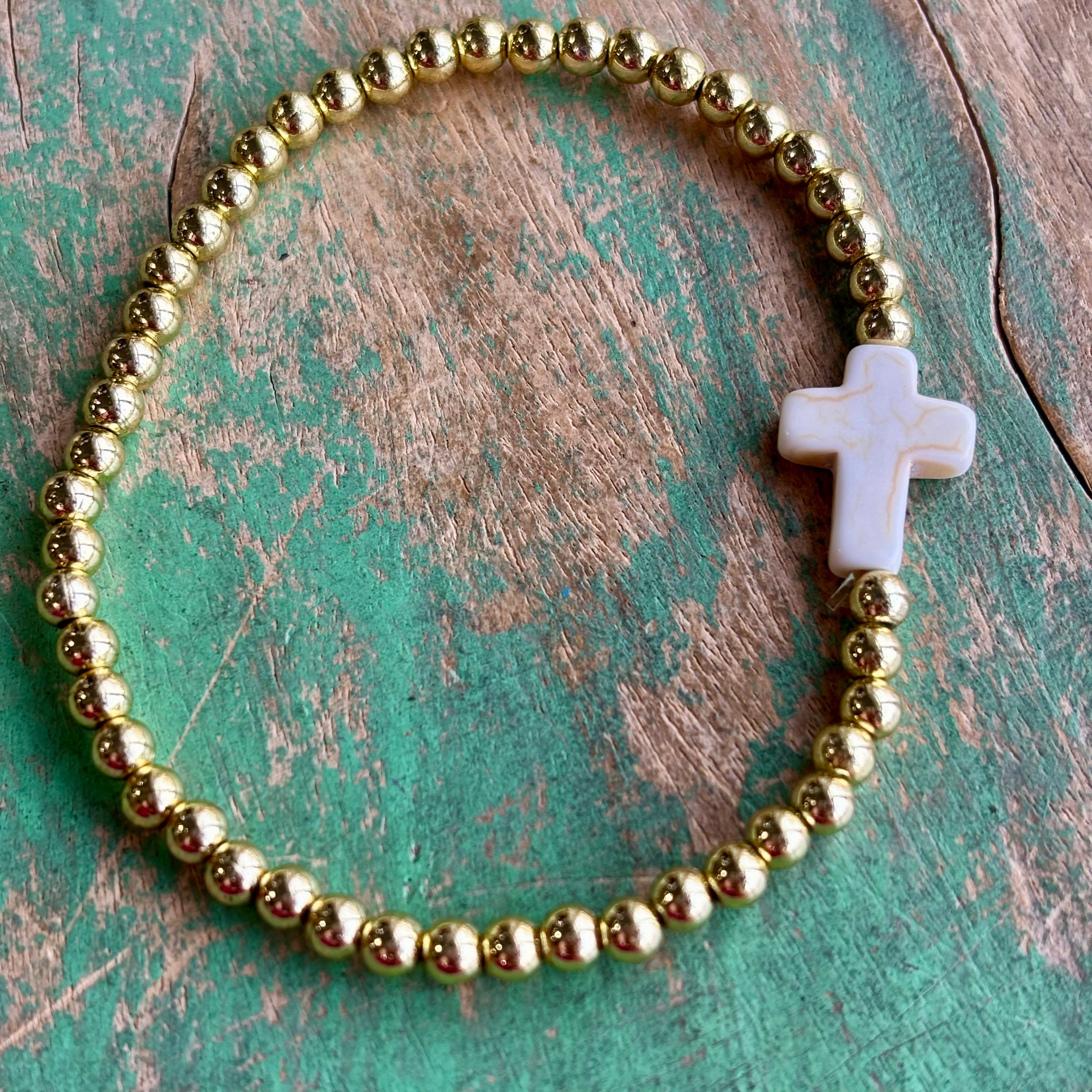 Howlite Cross with Gold Beaded Bracelet