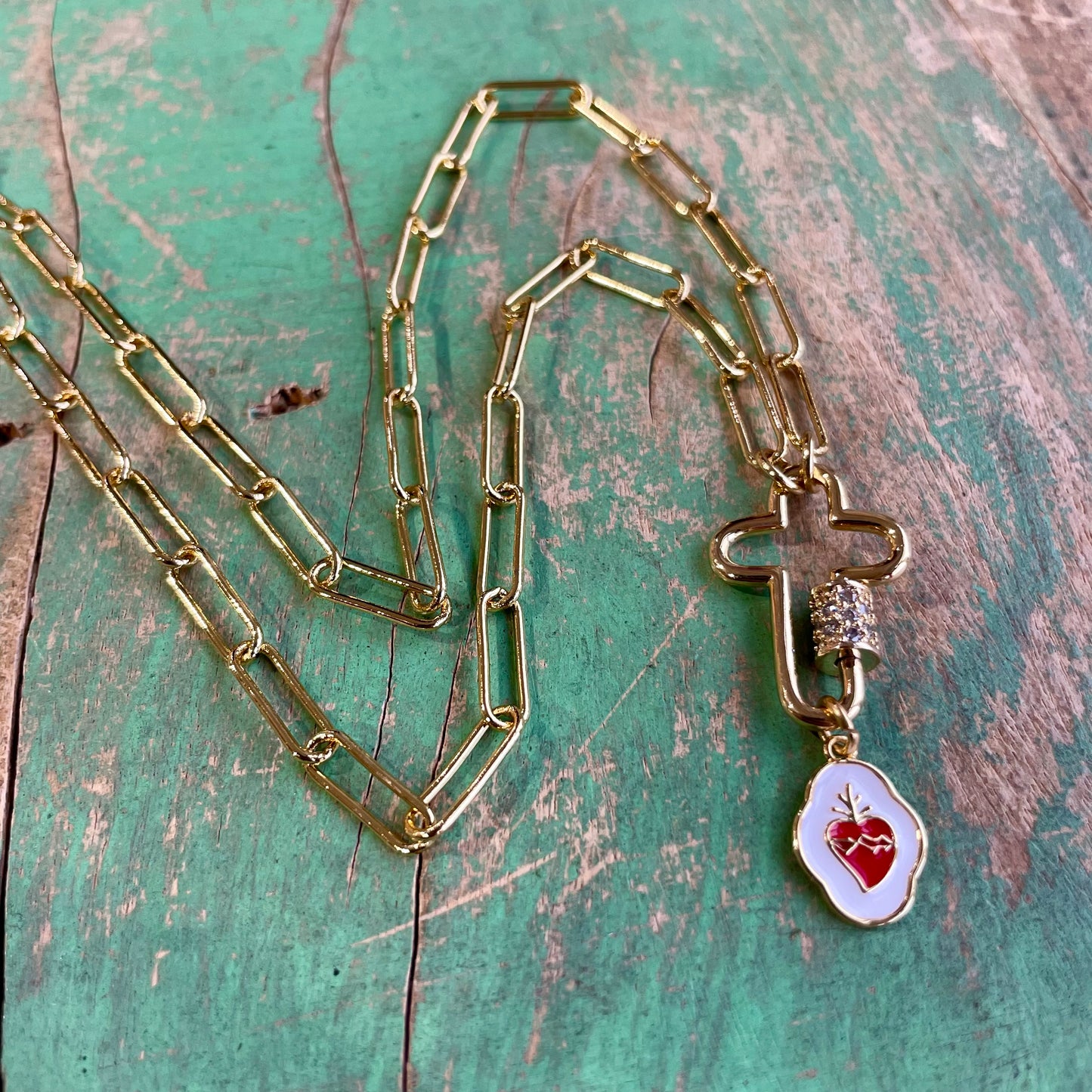 Sacred Heart Cross Locket Paperclip Necklace