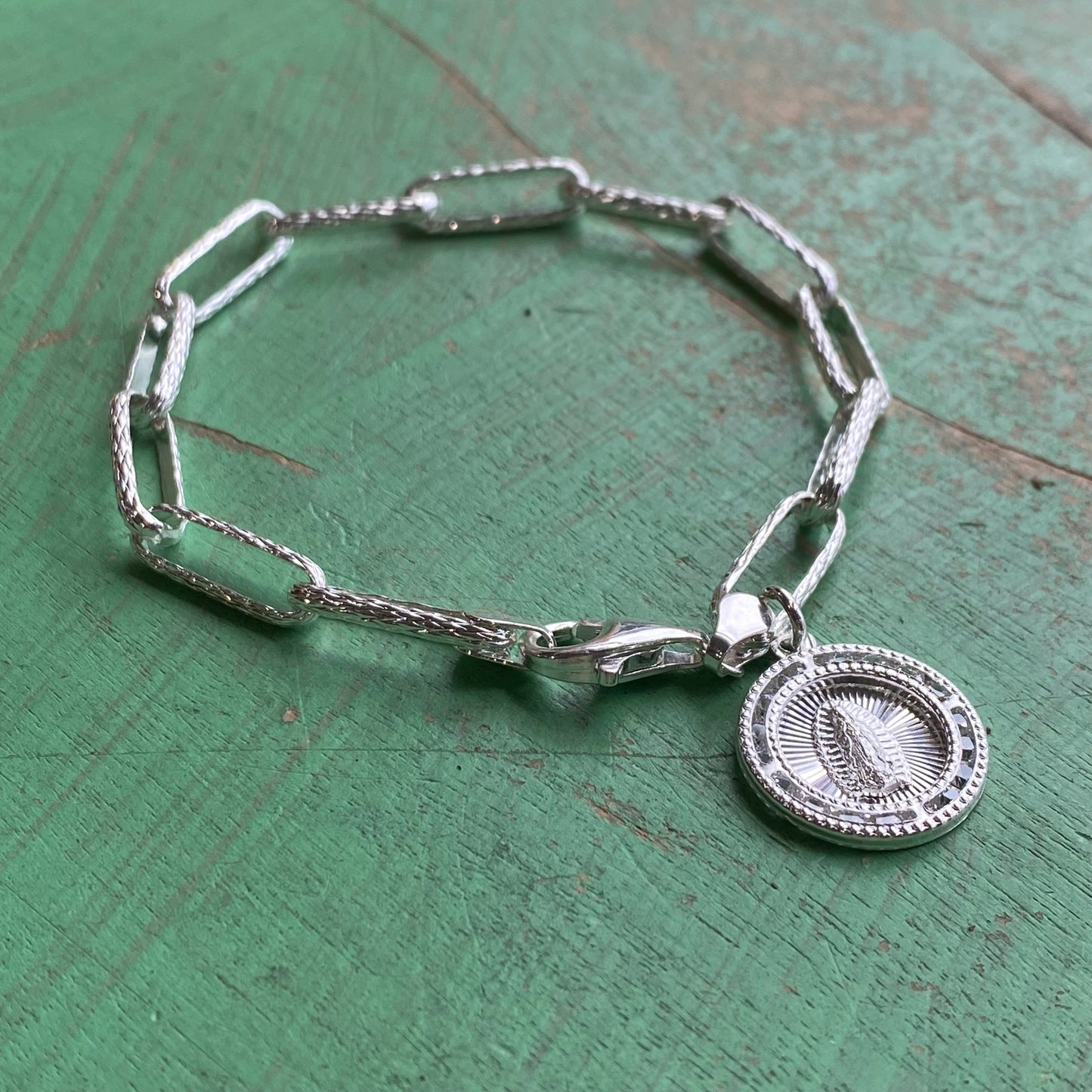 Sterling Silver Our Lady of Guadalupe Chain Link Bracelet