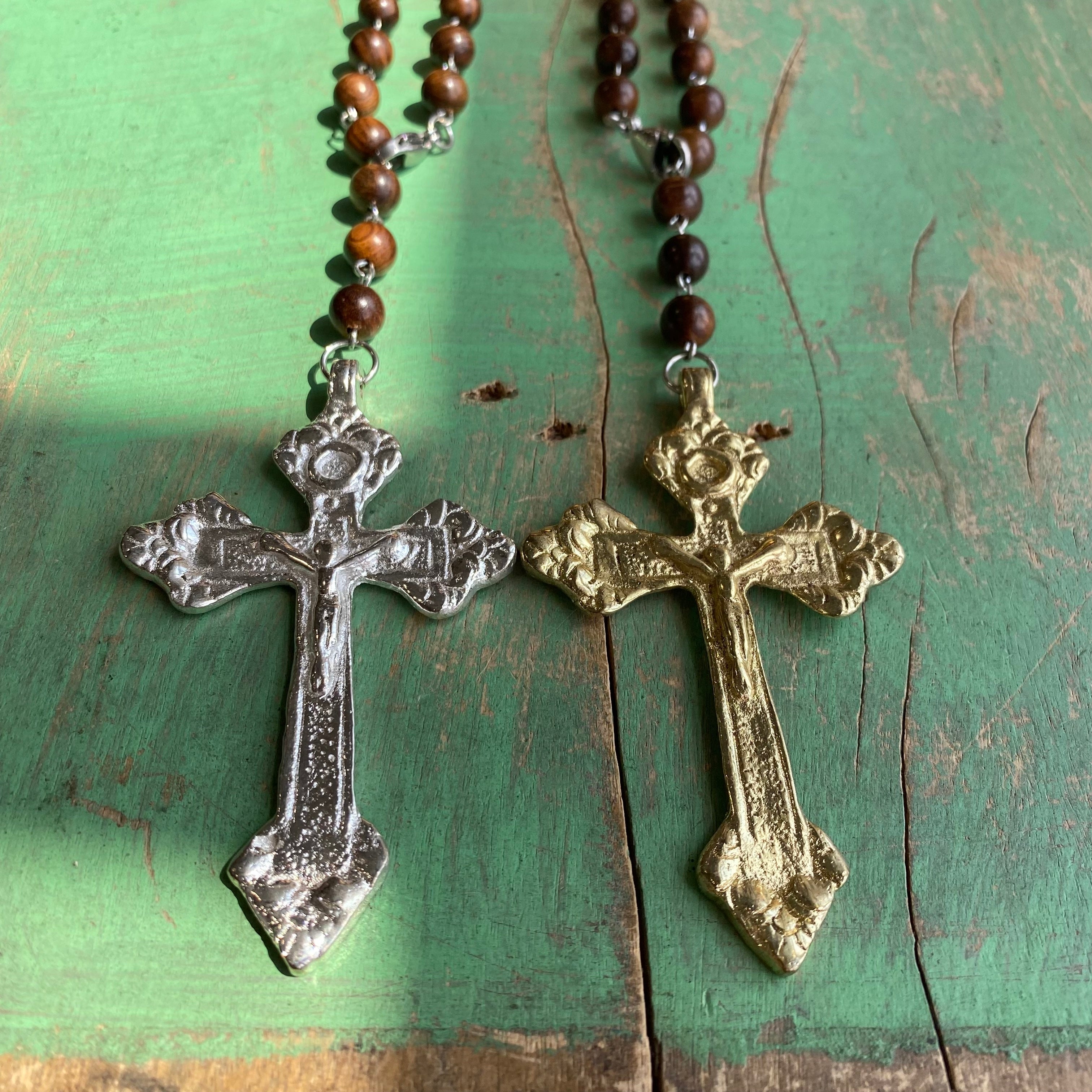 Brass Crucifix Wood Bead Car Blessing,