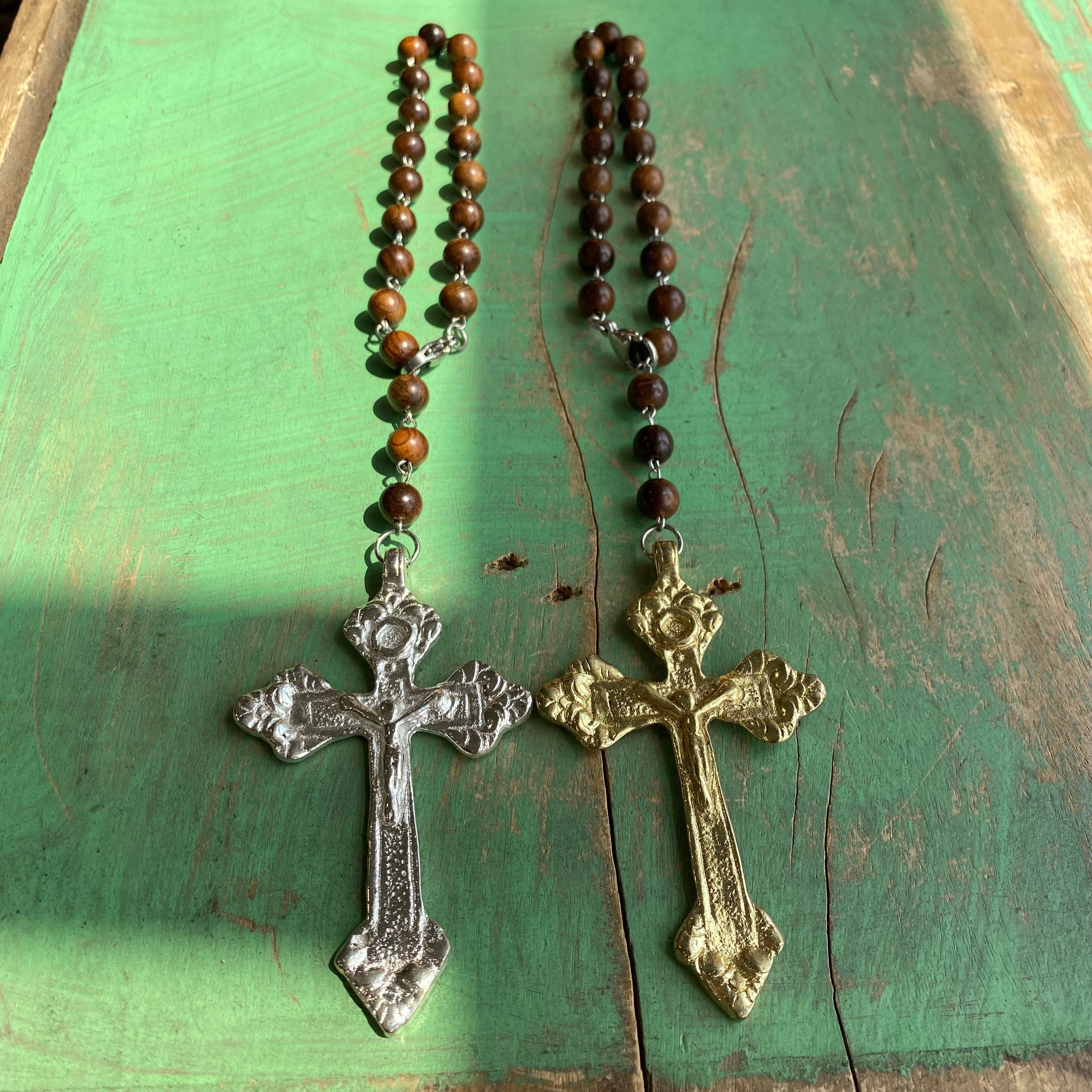 Brass Crucifix Wood Bead Car Blessing,