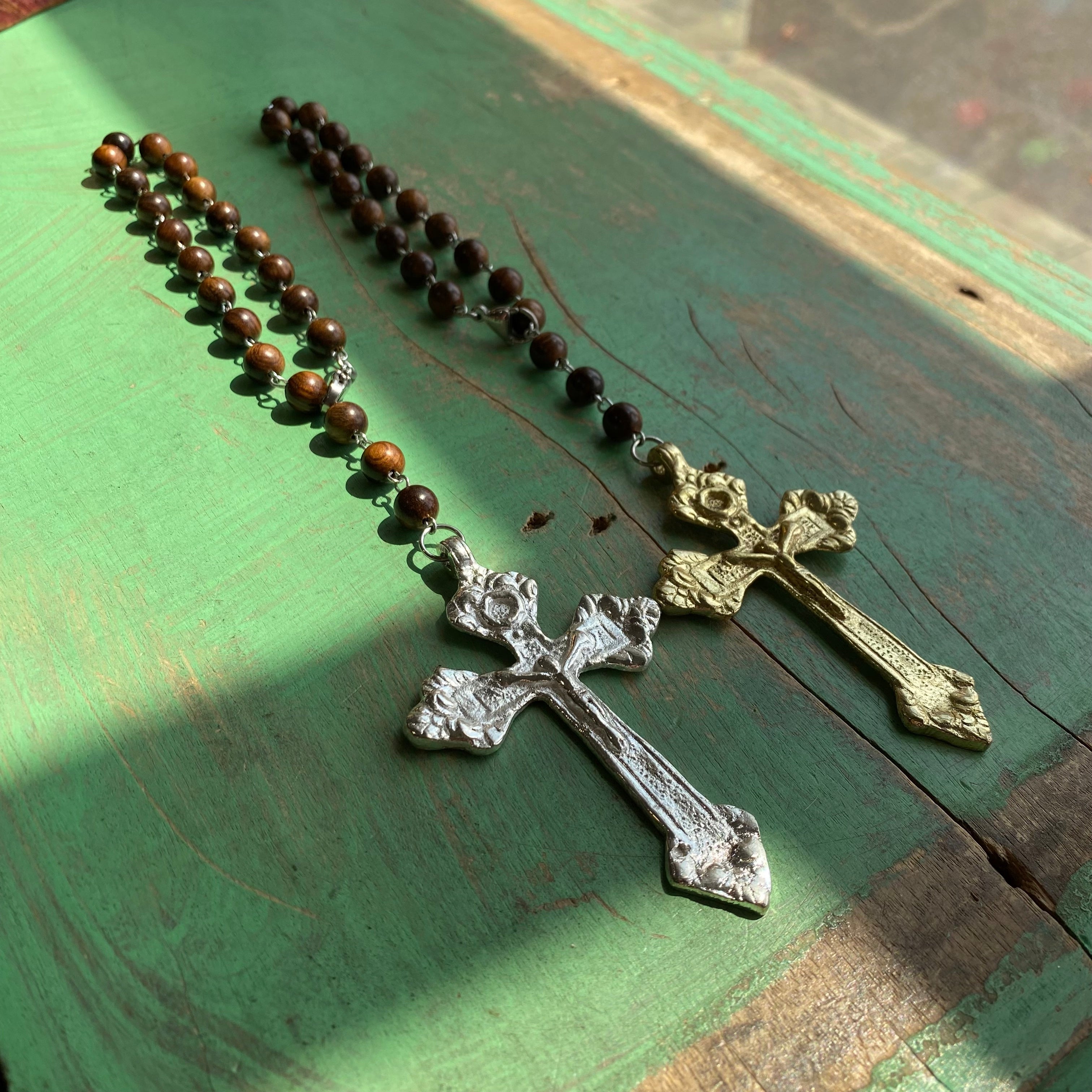 Brass Crucifix Wood Bead Car Blessing,