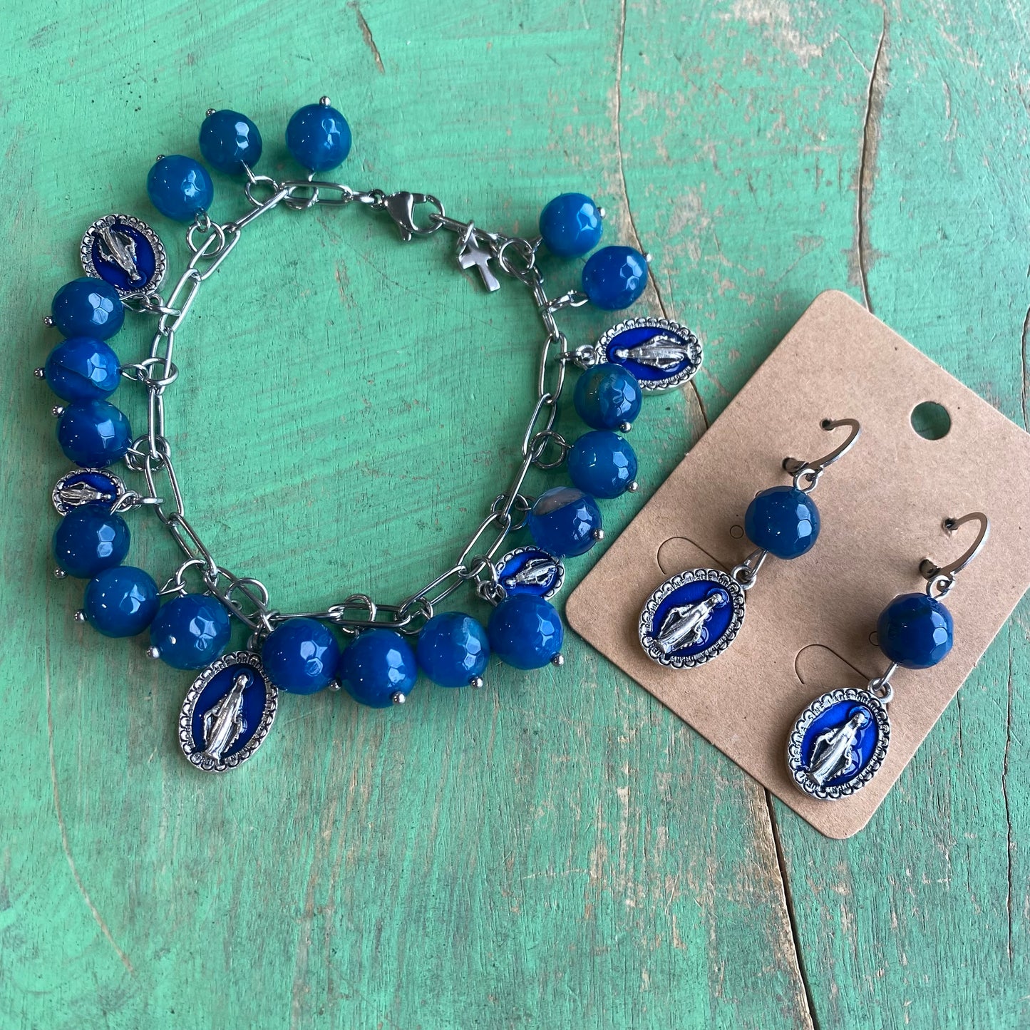 Blue Miraculous Medal Charm Bracelet and Earrings