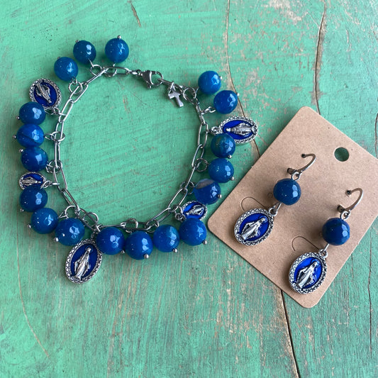 Blue Miraculous Medal Charm Bracelet and Earrings