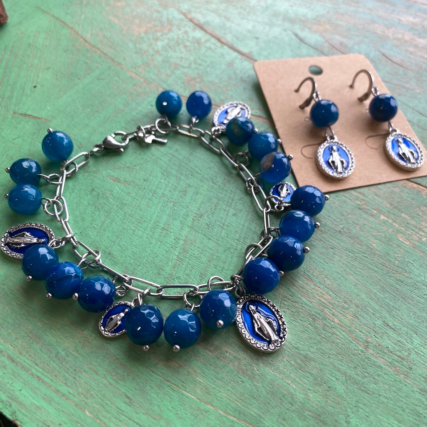 Blue Miraculous Medal Charm Bracelet and Earrings